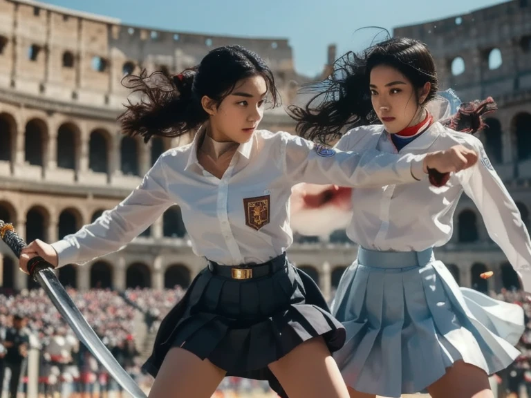 "Create a dynamic and epic illustration of two high school girls, Asian faces, white long-sleeved shirt with front collar, gray ruffle skirt, white knee-length socks, black school shoes, fighting in the gladiatorial arena with swords, engaging in fierce combat inside a magnificent Roman colosseum. A scene Full of energy as two schoolgirls fight with great determination. One of the schoolgirls, wearing a long-sleeved white shirt with a front collar, a gray tie, a gray skirt, is holding a big sword, and is fighting . 

Her opponent, a female student wearing a white long-sleeved shirt with a front collar, blue tie, blue skirt, was lively and lively, equipped with two short swords, her movements were fast and precise.

The arena was filled with a roaring crowd, with dust and debris flying from the force of their blows. The setting sun cast a golden hue over the entire battlefield, accentuating the sweat and intensity on their faces. Their weapons clashed with sparks flying, and the tension in the air was palpable. The backdrop features the towering stone walls of the coliseum, with banners fluttering in the wind, adding to the grandeur of the scene.

The overall atmosphere should reflect the strength, skill and determination of the gladiators, focusing on the dramatic and heroic nature of their fights.