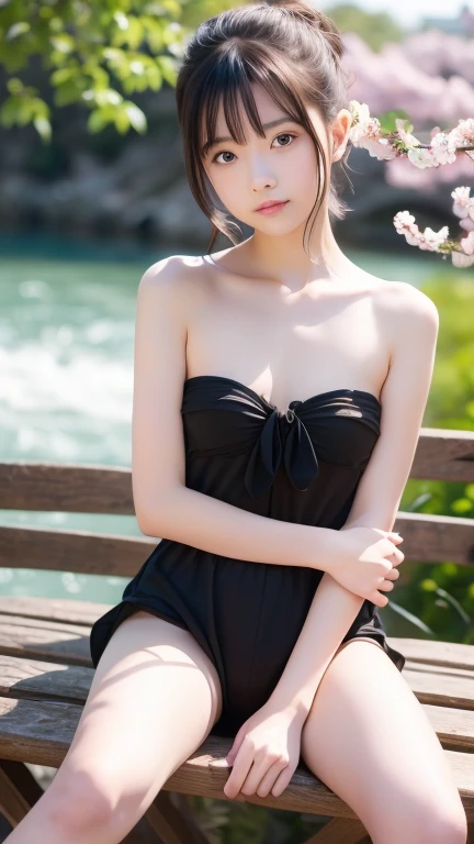 yor, Mature female, bangs, side locks, Red eyes, Black hair, hair adornments,sportrait, (face:1.2), schoolgirls, ssmile,bare shoulders, Black hair, cherry blossom, cleavage, (gown:1.21), clavicle, Willow Branch, (masterpiece best quality :1.2),