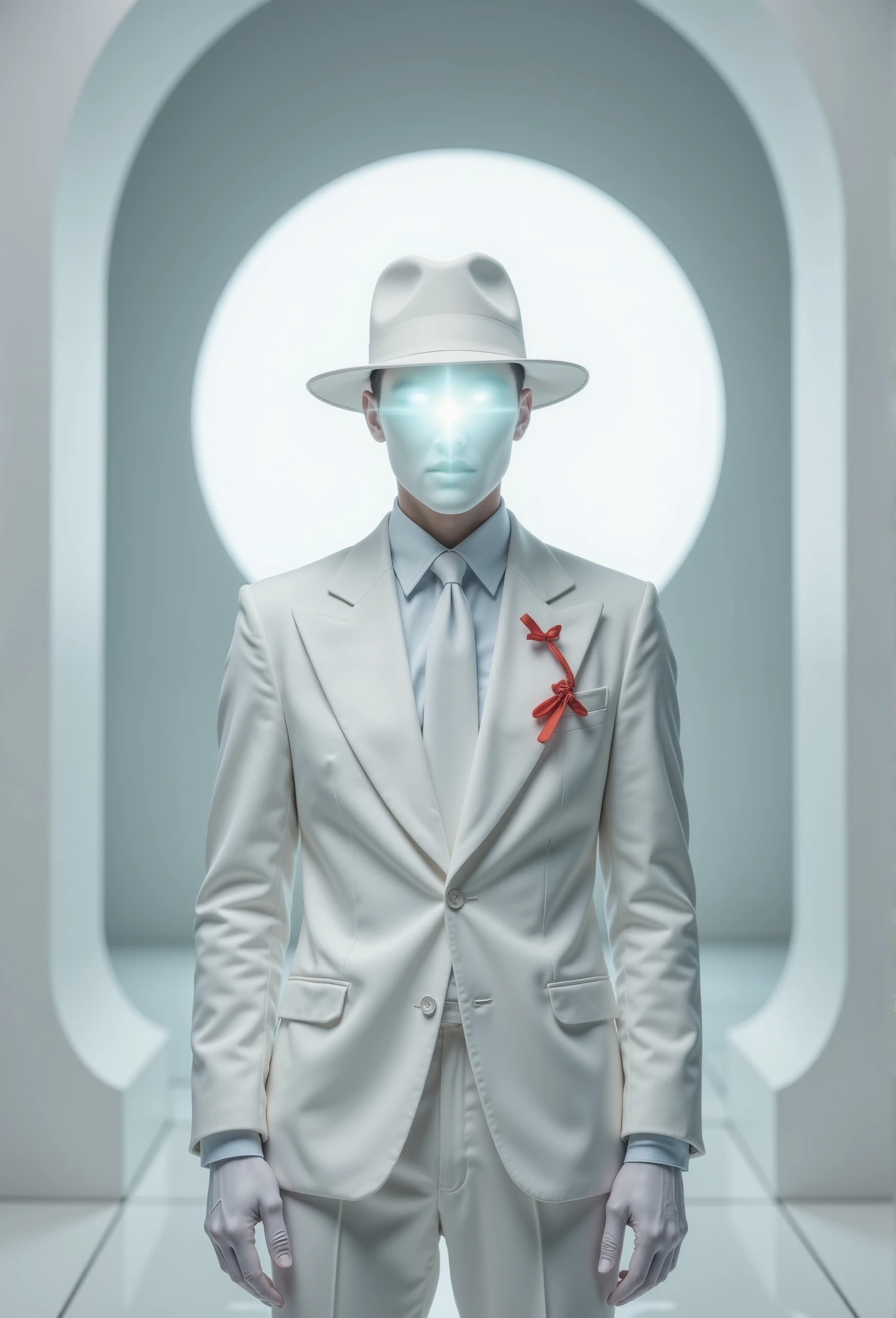 A man wears, white fedora hat with red small ribbon on the side of the hat, white glove, white suit, white glowing face, faceless, yin and yang symbol on behind