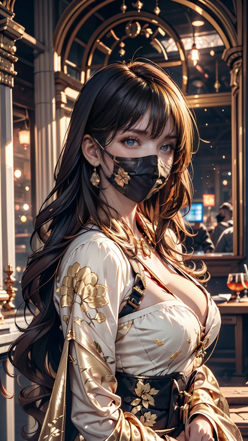 Supermodel with detailed long, curly, flowing hair, Dressed in golden clothes (Translucent and exquisitely embroidered) (Metallic Surgical Mesh Mask) Cover your face, ((mouth is hidden)), wearing strange future fashion,  Luxurious and exquisite gold accents, photograph, Exquisitely crafted, Created, Scrupulous, grow, Maximum details, Extremely beautiful, Bokeh, プロの写真photograph