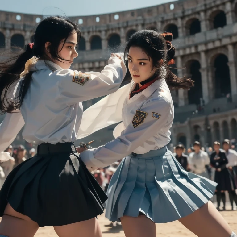 "Create a dynamic and epic illustration of two high school girls, Asian faces, white long-sleeved shirt with front collar, gray ruffle skirt, white knee-length socks, black school shoes, fighting in the gladiatorial arena with swords, engaging in fierce combat inside a magnificent Roman colosseum. A scene Full of energy as two schoolgirls fight with great determination. One of the schoolgirls, wearing a long-sleeved white shirt with a front collar, a gray tie, a gray skirt, is holding a big sword, and is fighting . 

Her opponent, a female student wearing a white long-sleeved shirt with a front collar, blue tie, blue skirt, was lively and lively, equipped with two short swords, her movements were fast and precise.

The arena was filled with a roaring crowd, with dust and debris flying from the force of their blows. The setting sun cast a golden hue over the entire battlefield, accentuating the sweat and intensity on their faces. Their weapons clashed with sparks flying, and the tension in the air was palpable. The backdrop features the towering stone walls of the coliseum, with banners fluttering in the wind, adding to the grandeur of the scene.

The overall atmosphere should reflect the strength, skill and determination of the gladiators, focusing on the dramatic and heroic nature of their fights.