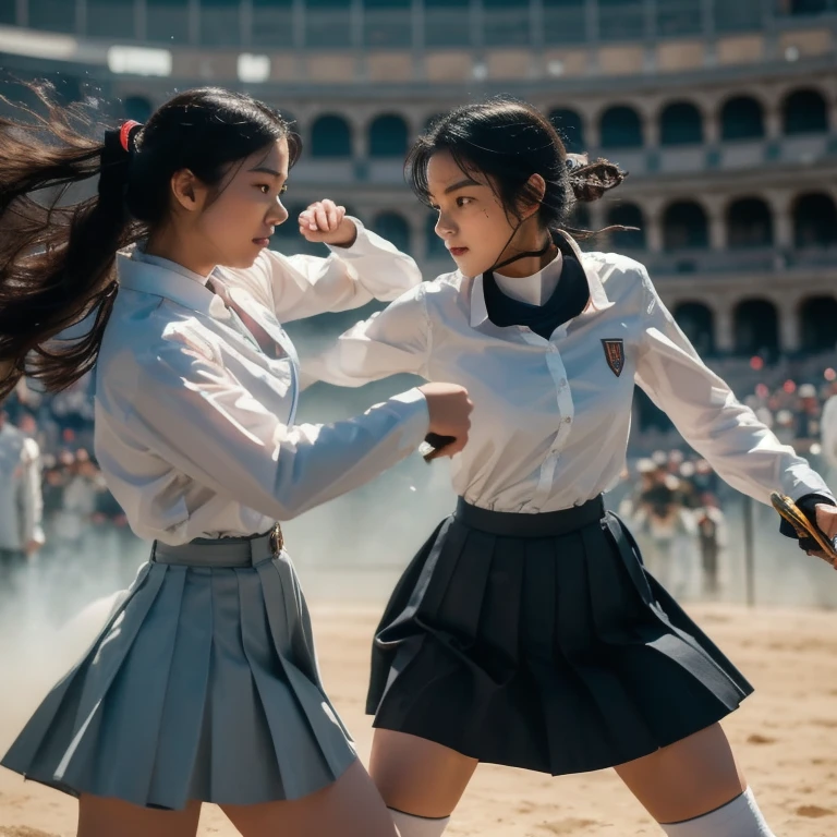 "Create a dynamic and epic illustration of two high school girls, Asian faces, white long-sleeved shirt with front collar, gray ruffle skirt, white knee-length socks, black school shoes, fighting in the gladiatorial arena with swords, engaging in fierce combat inside a magnificent Roman colosseum. A scene Full of energy as two schoolgirls fight with great determination. One of the schoolgirls, wearing a long-sleeved white shirt with a front collar, a gray tie, a gray skirt, is holding a big sword, and is fighting . 

Her opponent, a female student wearing a white long-sleeved shirt with a front collar, blue tie, blue skirt, was lively and lively, equipped with two short swords, her movements were fast and precise.

The arena was filled with a roaring crowd, with dust and debris flying from the force of their blows. The setting sun cast a golden hue over the entire battlefield, accentuating the sweat and intensity on their faces. Their weapons clashed with sparks flying, and the tension in the air was palpable. The backdrop features the towering stone walls of the coliseum, with banners fluttering in the wind, adding to the grandeur of the scene.

The overall atmosphere should reflect the strength, skill and determination of the gladiators, focusing on the dramatic and heroic nature of their fights.