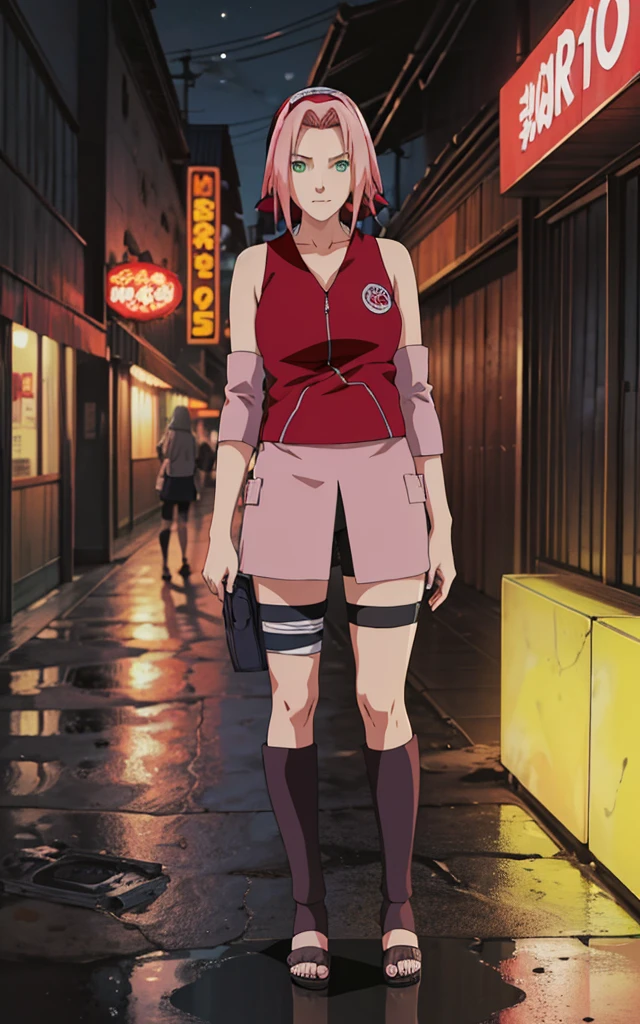 masterpiece, highest quality, Highest image quality, High resolution, photorealistic, Raw photo, 8K)), arafed view of a motel with a car parked in front of it, with neon signs,  NARUTO_Sakura_Combat_ownwaifu,
1girl, nude, nsfw, haruno sakura, small breast, short hair, pink hair, green eyes, hair intakes, collarbone, forehead protector, headband, red hairband, konohagakure symbol, bike shorts, black shorts, leg wrap, bandaged leg, elbow pads, zipper, zipper pull tab,
((masterpiece)),((best quality)),(highres, absurdres), original, official_art, window, dark sky, dark atmosphere, night time, looking at viewer, solo, standing, shinobi sandals, some have neon signs, neon lights outside, neon advertisements, gigantic neon signs, neon shops, 