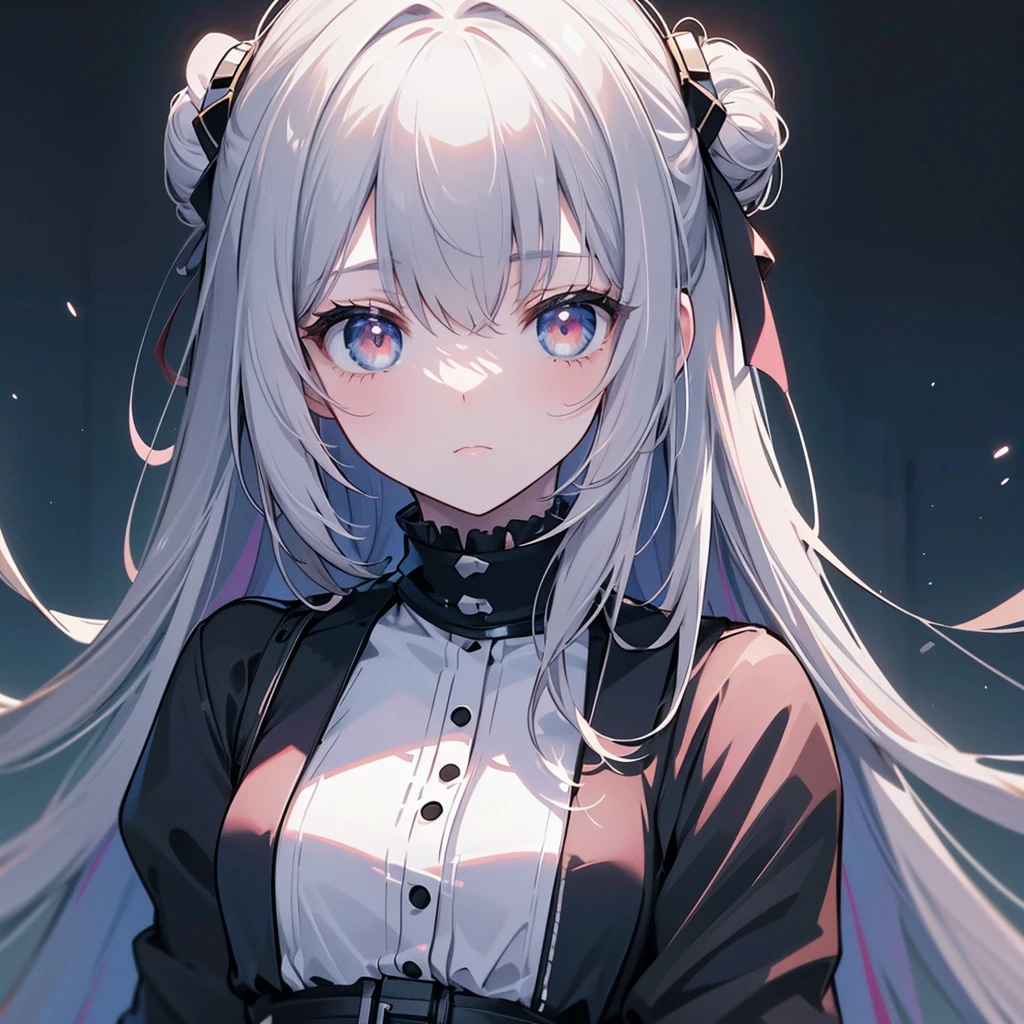  (masterpiece:1.2), ( best quality :1.2),  perfect eyes,  perfect face,  1 girl,hk1, purple eyes, grey hair, hair between eyes, long hair, very long hair, ponytail, mole, mole under eye, bow, white bow,big breasts,