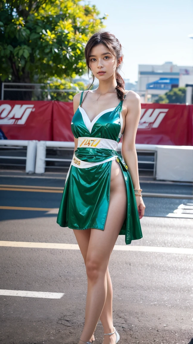 A beautiful Japanese woman, 20 years old, perfect anatomy, healthy thighs, beautiful legs, beautiful skin, random hair color, random hairstyle, large breasts, race queen, (race queen costume:1.3), zent, (she is standing:1.2), full body shot, high heels, racing circuit, (best quality,4k,8k, highres, masterpiece:1.3), (extremely detailed:1.2),photorealistic, cinematic lighting,HDR,professional photography, vivid colors, Kyoko Yoshine