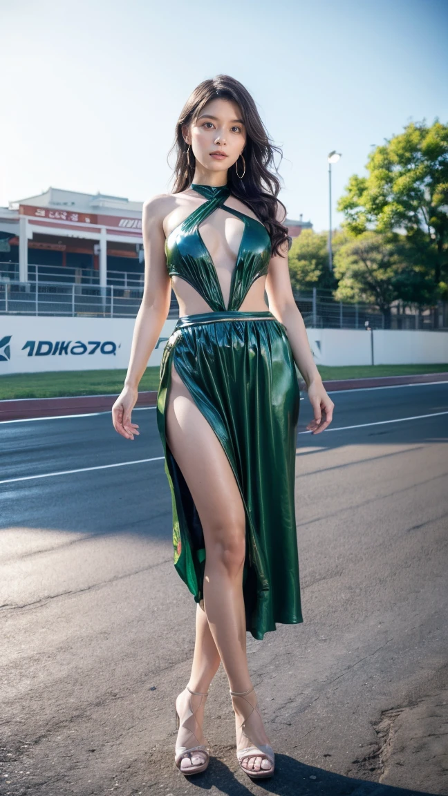 A beautiful Japanese woman, 20 years old, perfect anatomy, healthy thighs, beautiful legs, beautiful skin, random hair color, random hairstyle, large breasts, race queen, (race queen costume:1.3), zent, (she is standing:1.2), full body shot, high heels, racing circuit, (best quality,4k,8k, highres, masterpiece:1.3), (extremely detailed:1.2),photorealistic, cinematic lighting,HDR,professional photography, vivid colors, Kyoko Yoshine