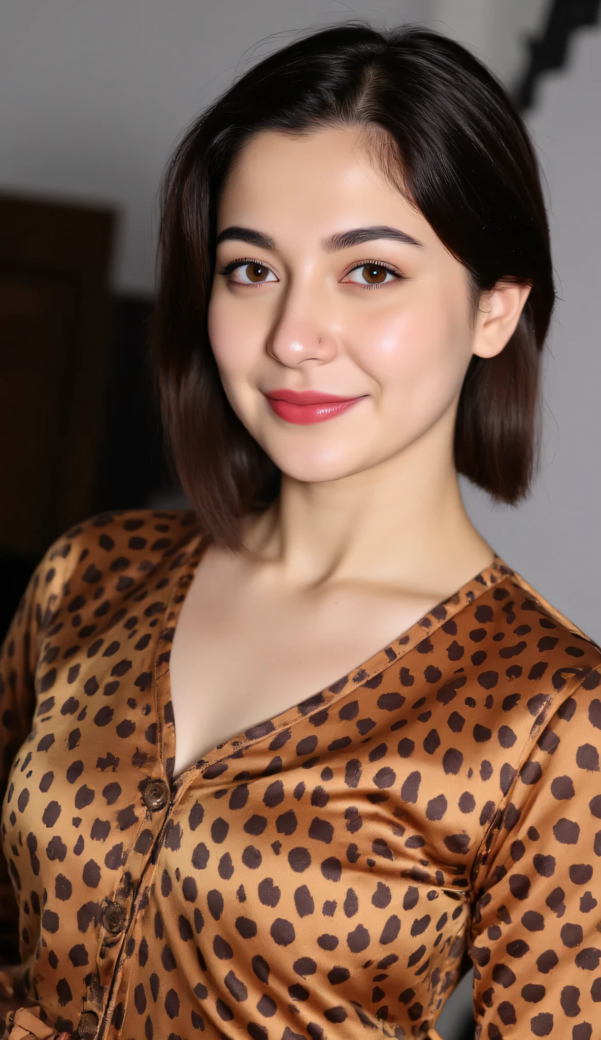 1 girl, alone, solo, busty Pakistani (Hania Amir),(big breasts), Hyperrealism, (smiling with dimples), with intricate details of the iris and lashes,. Her honey-colored eyes contrast with her face, which is accentuated by the red lipstick applied to her slightly parted lips. The overall artwork exudes an air of mystery and charm.detailed and brilliant golden eye with surprising results, in local market, hourly glass figure, crowded bazaar, (Pakistani cheetah print shiny satin plain bridal wear:1.3) tight traditional cheetah wedding silk dress, natural breasts, (skin hugging Pakistani shiny cheetah bridal top), milky skin, (round deep neck dress), pale skin, (plain shirt:1.4), soft shadows ,(dimples:1.3) SkinDetail ,snap by greg rutkowski, ()