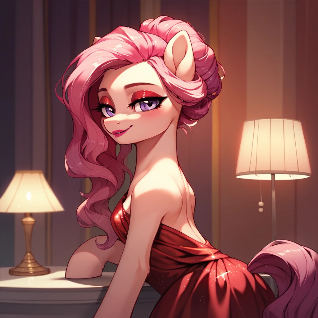 Long pink hair, pony tail, purple eyes, red eyeshadow, red blush, pink lipstick, small breasts, satin evening gown, long gown, hall dance, cyrstal lamp, smile, beauty, beauty pose, 