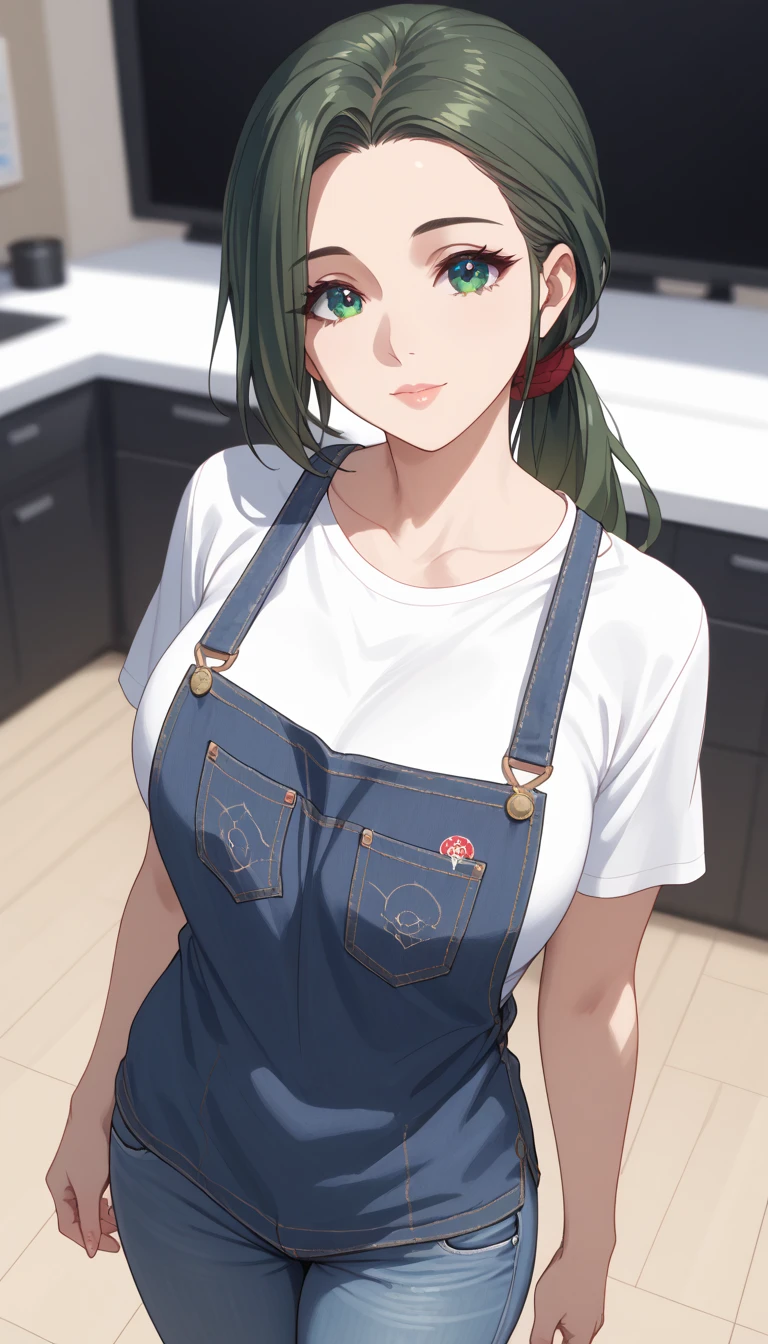 (masterpiece, best_quality:1.2), 1girl, solo, mature female, dark-green hair, low ponytail, t-shirt, jeans, apron, beautiful eyes, female focus, looking at viewer, ((above view)) ((close up shot)) ((solo)) detailed, very high resolution, no blurry image, standing, beautiful, elegant, serene expression, intricate details, detailed background, bedroom:1.3