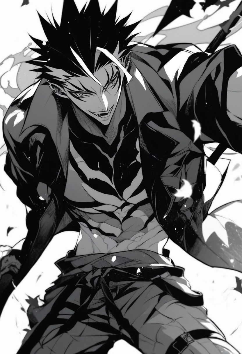 son goku, 1boy, closed mouth, male focus, muscular, muscular male, rock, sash, serious, solo, spiked hair, topless male, torn clothes, ultra instinct, black eyes, black hair, ((masterpiece)) DOOMGUY SUIT
