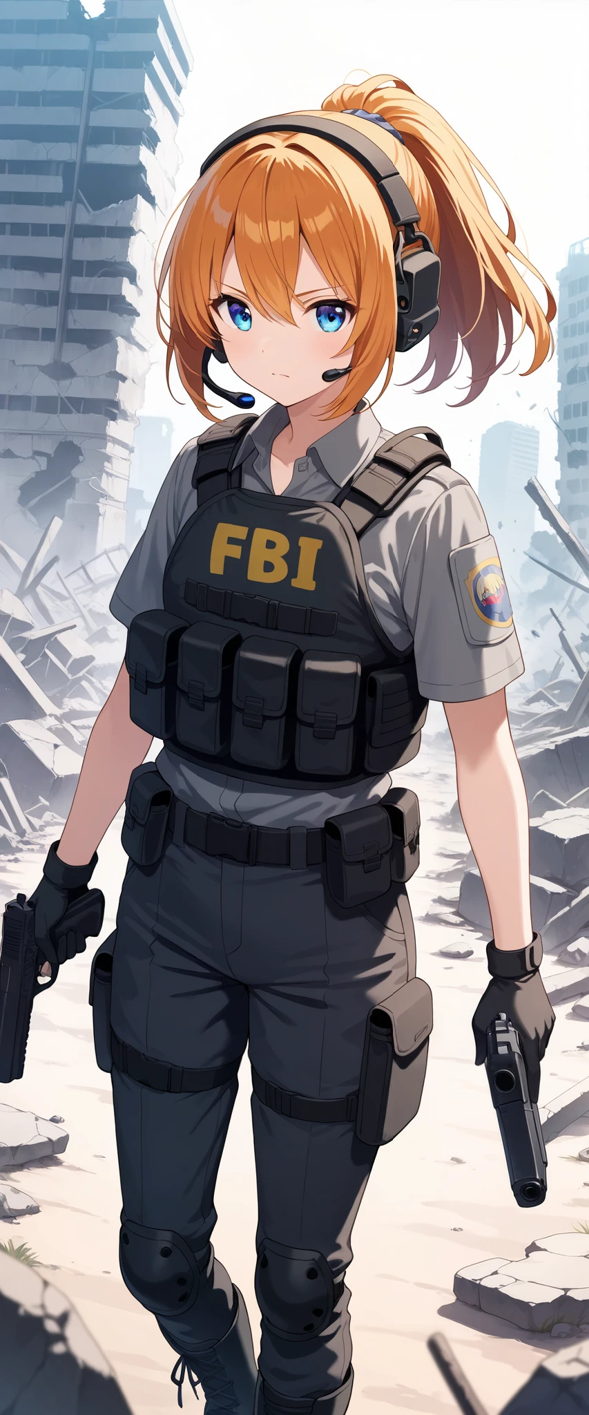 One Woman, Ponytail,Beautiful Eyes,Beautiful Hair,Beautiful Skin,Beautiful Face,serious,whole body,pointing pistol:1.6),Pistol,"FBI":1.6,shirt,Black bulletproof vest,Combat Boots,Black Tactical Forster,Tactical Headset,(The background is the rubble of ruins),(depth of field),(Dust dances ),( Dynamic)