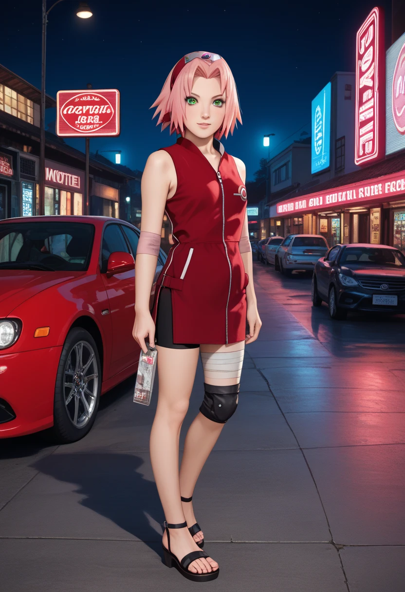 masterpiece, highest quality, Highest image quality, High resolution, photorealistic, Raw photo, 8K)), arafed view of a motel, with a car parked in front of it, with neon signs,  NARUTO_Sakura_Combat_ownwaifu,
1girl, nude, nsfw, haruno sakura, ((small breast)), small breasts, slim body, beautiful body, beautiful legs, young, teenage, short hair, pink hair, green eyes, hair intakes, collarbone, forehead protector, headband, red hairband, konohagakure symbol, bike shorts, black shorts, leg wrap, bandaged leg, elbow pads, zipper, zipper pull tab,
((masterpiece)),((best quality)),(highres, absurdres), original, official_art, window, dark sky, dark atmosphere, night time, looking at viewer, solo, standing, shinobi sandals, some have neon signs, neon lights outside, neon advertisements, gigantic neon signs, neon shops, 