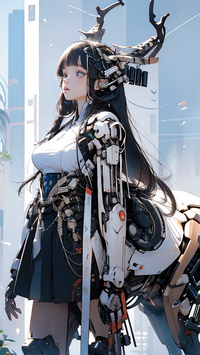   High Resolution  ,   high detail,   High Quality  ， graduate School， Artificial Human， mechanical ，Japanese style girl，Centaur，long hair, Bangs, Big breasts， Remodeling 