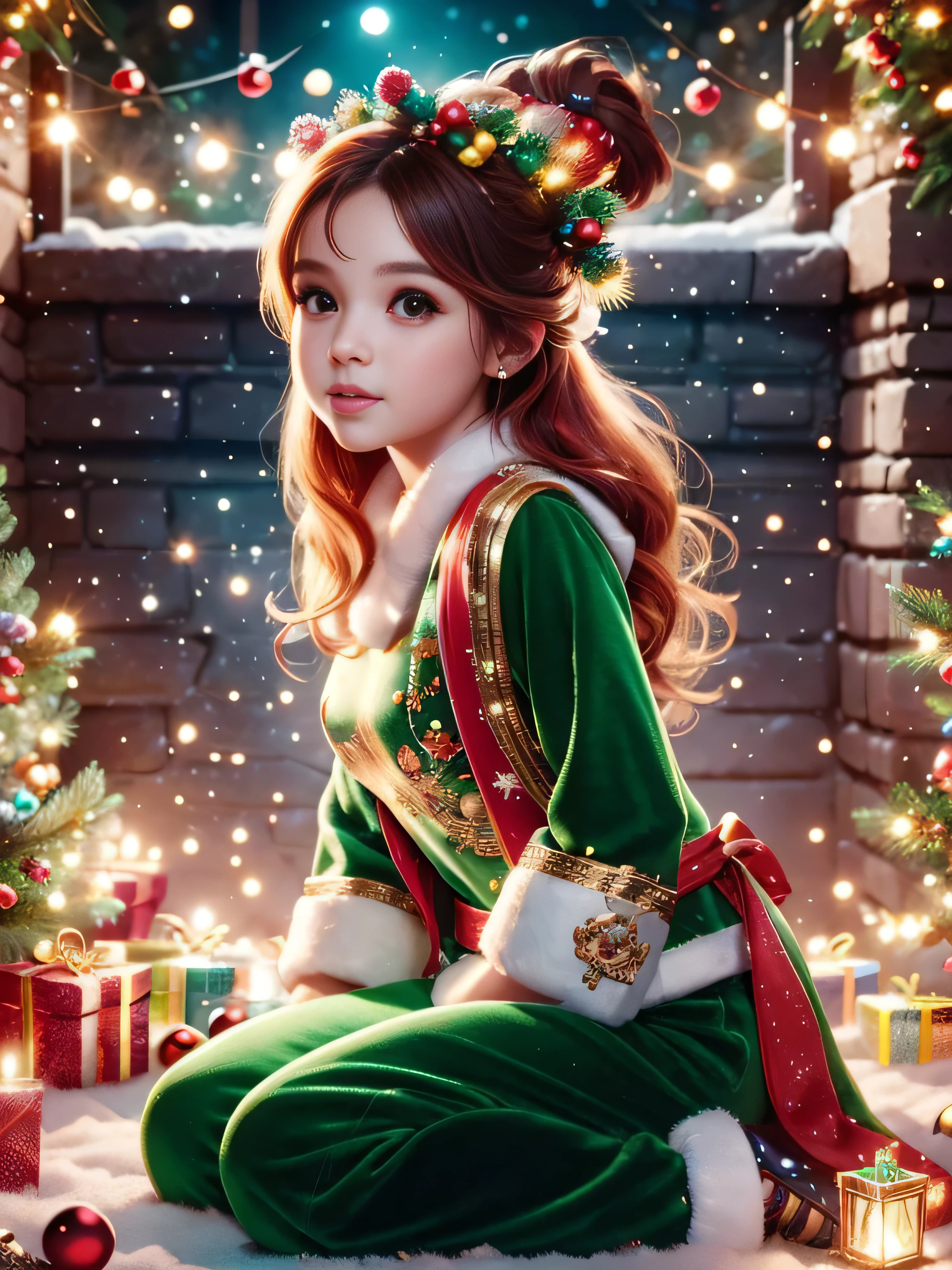 (Best Quality, Super Detail, Masterpiece, Representative Work, Official Art, Professional, Super High Detail, 8k:1.3), (Full Body) Cute girl in fantasy Christmas outfit, high definition, best quality, hyper HD, realistic, vivid colors, expressive, detailed eyes, realistic shading, dynamic lighting. [1 girl, solo, (She is sitting, crouched)), 1 girl, full length, red hair, brown eyes, beautiful face, sexy figure, small breasts, dynamic pose, innocent expressions, playful features, masterpiece, high quality, high detail, in a green velvet jumpsuit with gold accessories, Christmas outfit, Christmas theme, blurred background, fantasy, Gouves style artwork, realism: 1.37, (super fine fantasy art), masterpiece, high quality design and accurate physics (super accurate fantasy style)) art, dark fantasy style)), detailed eyes and face, long eyelashes, vibrant colors, red hair, innocent expressions, playful features, super accurate design and accurate physics), color, depth of field, shadows, ray tracing, (accurate simulation of the interaction of light and materials)], intricate Christmas decorations, glowing garlands, sparkling decoration, natural light, soft background, photorealistic, sparkling eyes, sharp focus, glowing skin, cute and mischievous look, hint of mischief, dreamy atmosphere, delicate details, soft ambient light, (Backlight:1.3), (Cinematic:1.2), intricate details, (ArtStation:1.3)