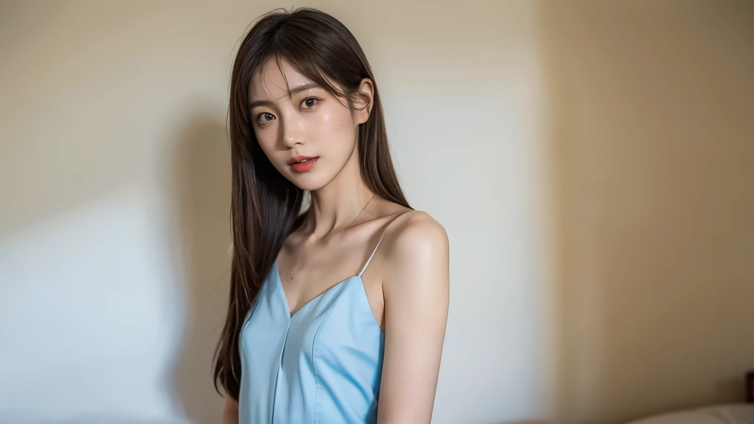 (((best quality))), (((ultra detailed))), (((masterpiece))), illustration,((a fragile and beautiful young girl,solo)),((slim,thin)),((small breasts,flat chest)),((sitting on a hospital bed)),(striped blue and white patient's collared shirt:1.2), ethereal appearance,(shoulder length straight hair:1.2), delicate features, expressive eyes, porcelain skin, worried expression, vertical stripes on the gown, loose fit, slender fingers, polished nail polish, clinical examination room, faded walls, doctors' cart, stainless steel, hospital backdrop, stark contrasts, cold environment, warmth and vulnerability, poignant moment, moving image,((from front,upper body)),(spread legs apart:1.3)