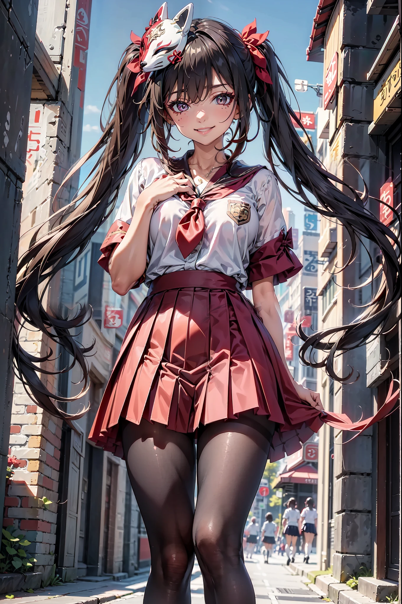 1girl, solo, shsparkle, fox mask, long hair, twintails, school uniform, white shirt, pleated skirt, pantyhose, hand on own chest, smiling, outside of Japanese school,