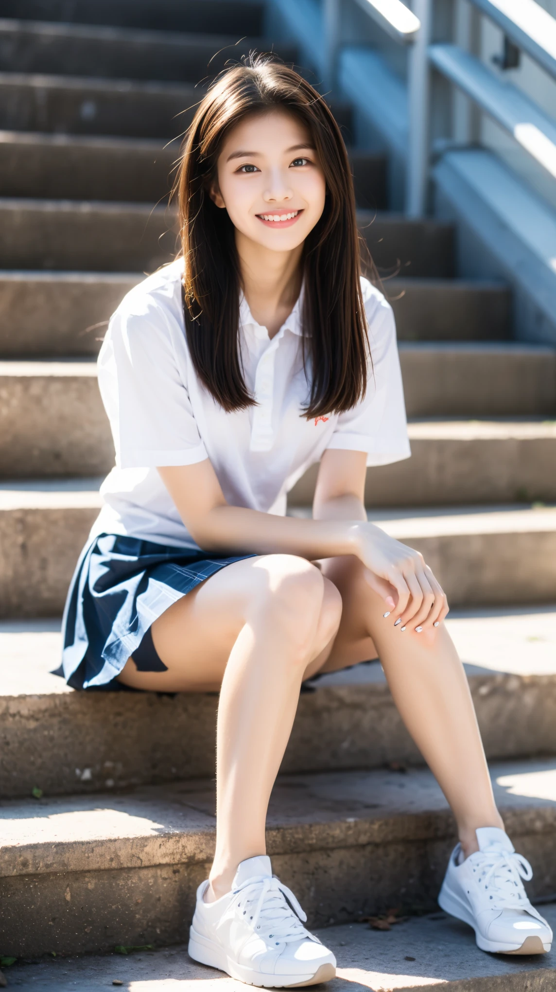 (( masterpieces during breakfast )),((( top quality))), thin thighs , long legs ,A girl in her first of high school is sitting on the steps at school, white shirt, Blue and Red Plaid Mini Skirt :1.5, Best Smile ,Short-haired blonde:1.5, wears sneakers, Sitting down:1.5