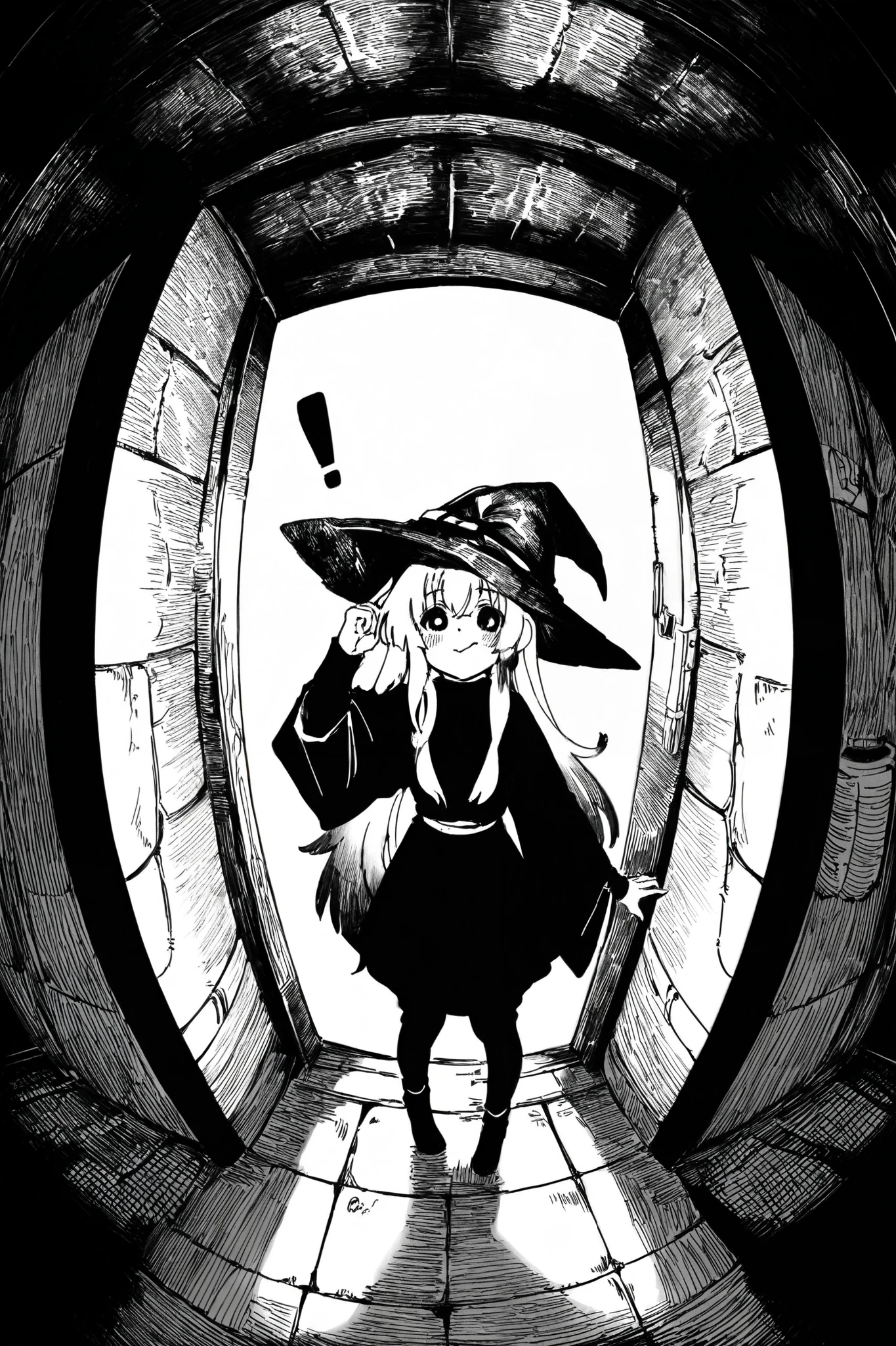 score_9, score_8_up, score_7_up, score_6_up, score_5_up, score_4_up, greyscale, monochrome, manga,  (masterpiece: 1.0), best quality, perfect anatomy, perfect composition, perfection, manga art
BREAK
1girl, witch outfit, perfect outfit, gradient hair, white hair, black hair, standing in doorway, detailed interior, cute face, adorable, rounded face, !, 
BREAK
detailed hatching texture, linear hatching, directional hatching, contour lines, wide shot, Dramatic light, backlighting, fisheye perspective, 