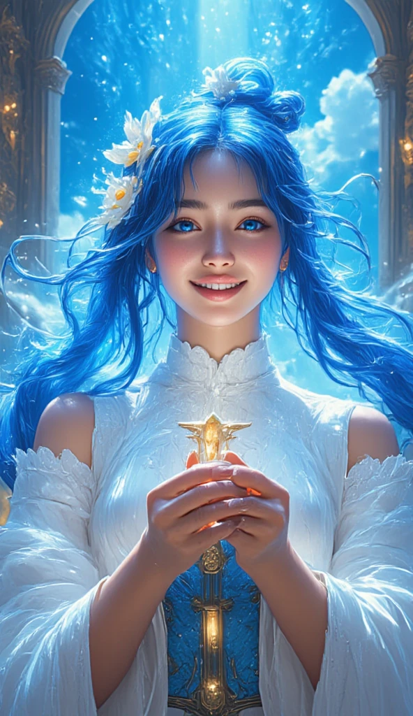  1 girl,  long hair, Blue Hair/ light blue hair,  bun hair,  twin tails,  hair fluttering in the wind , Disheveled Hair,  hair hanging over shoulders ,   earrings for a woman alone,  holding a star ,  open her mouth , happiness/joy, Grin,  eyes sparkle,  Dutch angle ,  Closeup ,  Wide Angle Shot ,  hair flower ,  Glitter Effects,  blur background in front of shield,  3d rendering,  steam locomotive coming out of the magic gate.  the train has a clock on the front . That gate is shining brightly .masterpiece, best quality, ultra detailed, hyper detailed, Full-HD,  highres icon, beautiful, realistic photo, photorealistic, Realism, 3D rendering