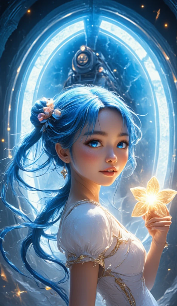  1 girl,  long hair, Blue Hair/ light blue hair,  bun hair,  twin tails,  hair fluttering in the wind , Disheveled Hair,  hair hanging over shoulders ,   earrings for a woman alone,  holding a star ,  open her mouth , happiness/joy, Grin,  eyes sparkle,  Dutch angle ,  Closeup ,  Wide Angle Shot ,  hair flower ,  Glitter Effects,  blur background in front of shield,  3d rendering,  steam locomotive coming out of the magic gate.  the train has a clock on the front . That gate is shining brightly .masterpiece, best quality, ultra detailed, hyper detailed, Full-HD,  highres icon, beautiful, realistic photo, photorealistic, Realism, 3D rendering