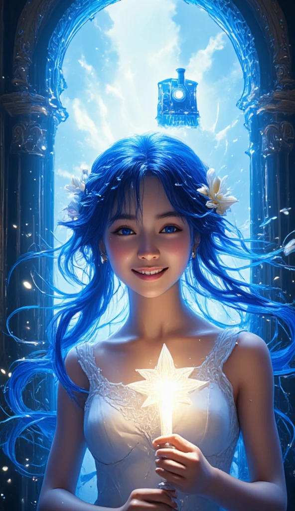  1 girl,  long hair, Blue Hair/ light blue hair,  bun hair,  twin tails,  hair fluttering in the wind , Disheveled Hair,  hair hanging over shoulders ,   earrings for a woman alone,  holding a star ,  open her mouth , happiness/joy, Grin,  eyes sparkle,  Dutch angle ,  Closeup ,  Wide Angle Shot ,  hair flower ,  Glitter Effects,  blur background in front of shield,  3d rendering,  steam locomotive coming out of the magic gate.  the train has a clock on the front . That gate is shining brightly .masterpiece, best quality, ultra detailed, hyper detailed, Full-HD,  highres icon, beautiful, realistic photo, photorealistic, Realism, 3D rendering