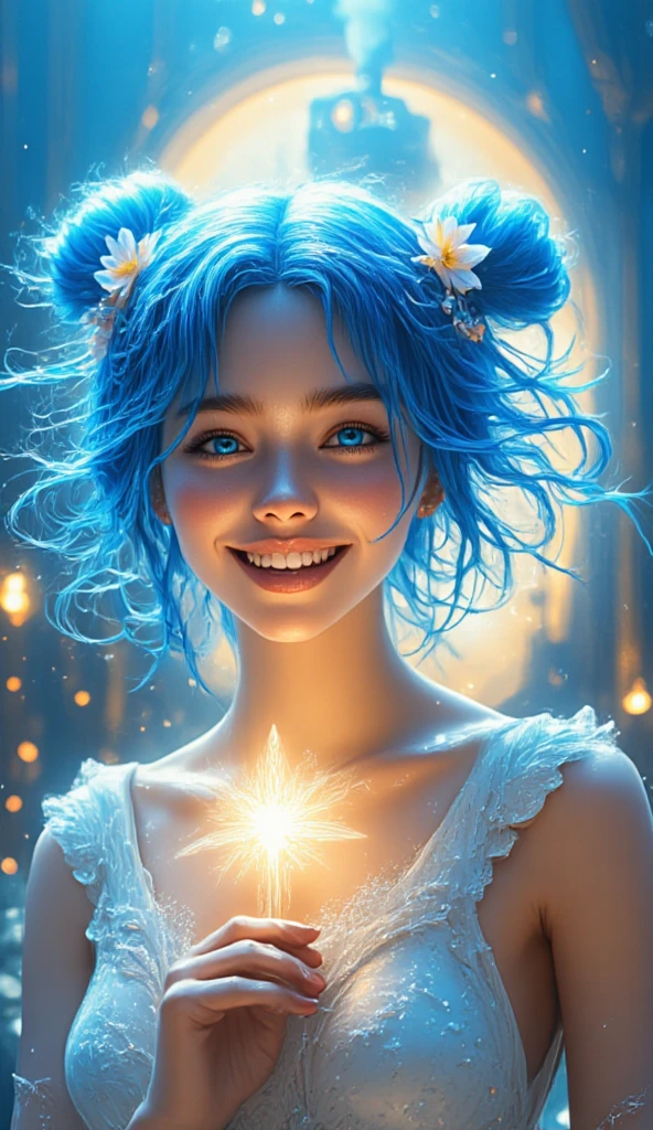  1 girl,  long hair, Blue Hair/ light blue hair,  bun hair,  twin tails,  hair fluttering in the wind , Disheveled Hair,  hair hanging over shoulders ,   earrings for a woman alone,  holding a star ,  open her mouth , happiness/joy, Grin,  eyes sparkle,  Dutch angle ,  Closeup ,  Wide Angle Shot ,  hair flower ,  Glitter Effects,  blur background in front of shield,  3d rendering,  steam locomotive coming out of the magic gate.  the train has a clock on the front . That gate is shining brightly .masterpiece, best quality, ultra detailed, hyper detailed, Full-HD,  highres icon, beautiful, realistic photo, photorealistic, Realism, 3D rendering