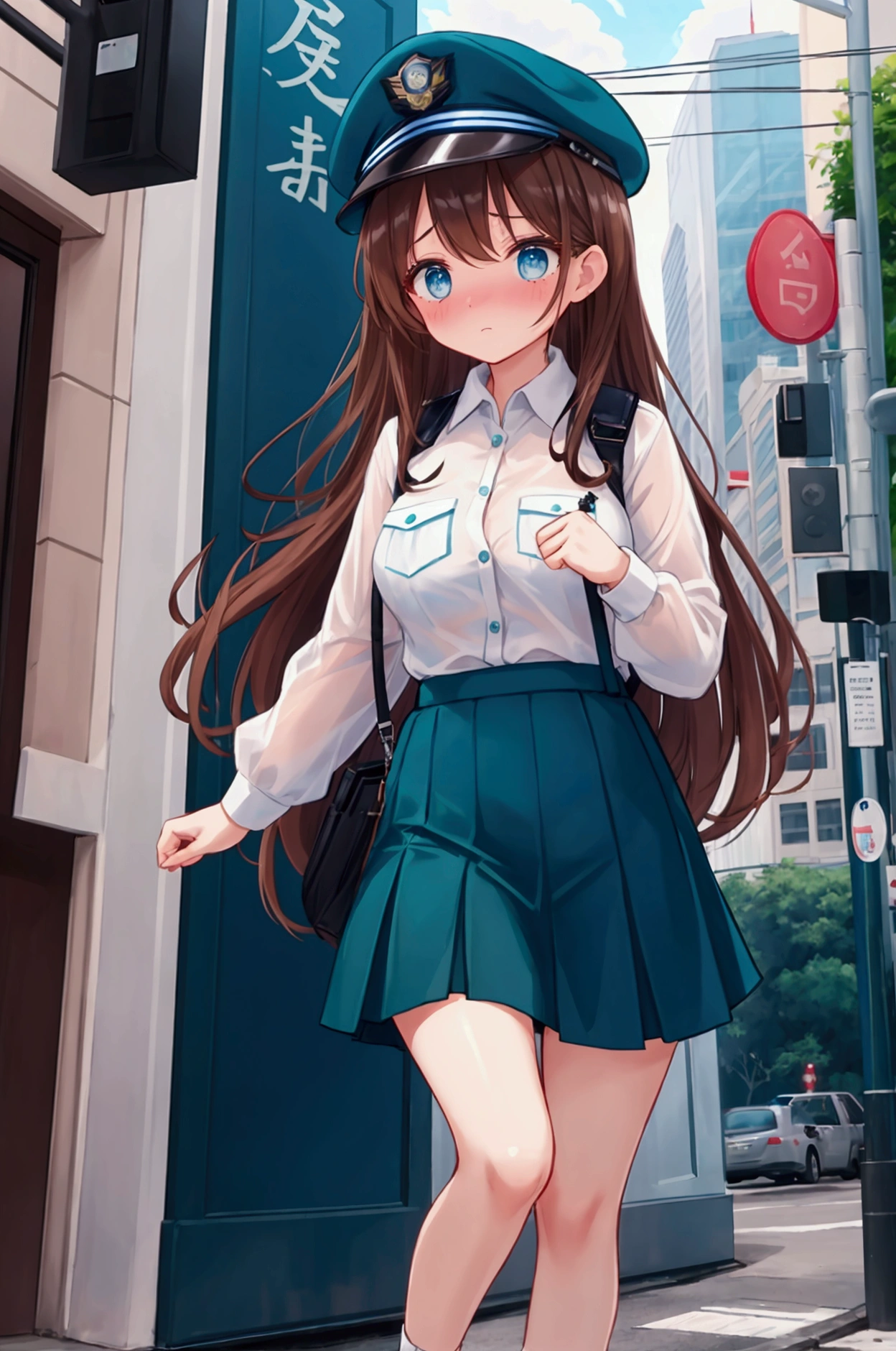 masterpiece, Highest quality, Official Art, 8k wallpaper, Very detailed, shape, A small, cute one, Brown Hair, Wide Hips, Big Ass, Round ass, Wearing high heels, Tight pencil skirt, Sailor Top,  Are standing, From the side, From below, surprised.underwear