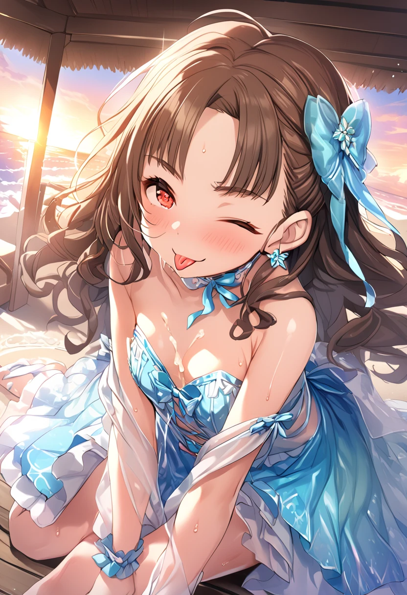 nsfw,uncensored,super fine illustration,8K CG wallpaper,best quality,extremely detailed,ultra high res,best aesthetic),(cowboy shot,from front), 1 girl, idol master,(nao kamiya),16yo,(brown hair), (medium long hair),(forehead:1.1),((red eyes)),shiny hair, shining eyes, delicate line tail face, sitting, spread your legs, leaning forward, open your mouth, (glin),(smile:1.5),(one eye closed:1.5),((flat chest,midium breast)),(ahegao:1.5),((stick out tongue:1.3)),(blue idol dress:1.5),(open clothes:1.3), (glowing skin:1.3), (Sweat:1.4), (brown pubic hair:1.5), (brown armpit phair:1.5),open vagina:1.3),((steam)),(scatter sweat),(one eye closed), ((out tongue)),(Kamimei),(feel good),(ecstacy Face),(summer beach house,sunset),(one eye closed),(((carrying sex))),,((Cum on body:1.9)),((Cum on face:1.9)),((cum on hair:1.9)),((Cum in mouth:1.1)),((bouncing breasts),