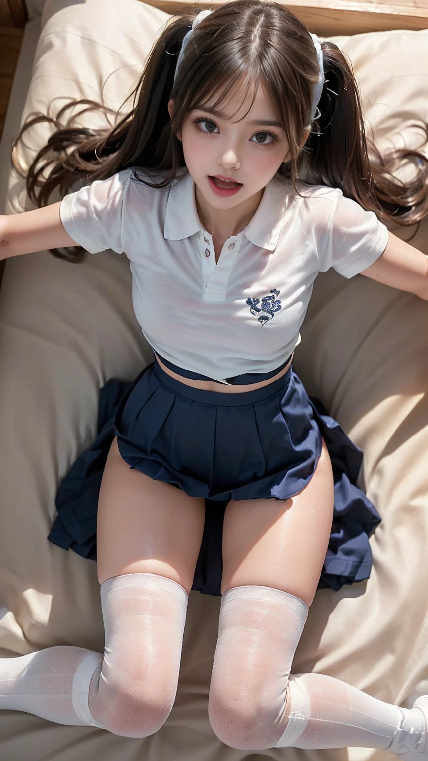 ((( top quality))), ((masterpiece)), ( Details), ((solo)), (((((( high school girl wearing a school uniform)))))), (((((Wet face and skin))))), (( pure white skin)), (((Angle of view that includes face and whole body))), ((( well-prepared face))),  big eyes, ((((((((Droopy eyes)))))))), ((Closer Eyes)), ((Glowing skin)), ((((( correct anatomy))))), (((((((( open legs)))))))), ((((((Delicate and thin thighs)))))), ((((Stylish bangs)))), ((Stylish hairstyle)), (((Slender and slim lower body))), ((((((( open mouth))))))), ((((( angle from above))))), (((((Broken Seiza))))), (((Cheek))), (((Showing tongue))), chest, (((((( Closeup )))))), ( dslr ), ((( RAW photos ))), ((( curvy ))), ((((Baby Face)))), ((((((( white collared t-shirt))))))), (((Twin tails))), (((( bed))), (White teeth), (( navy blue skirt )), ((((( Knee High Socks ))))),