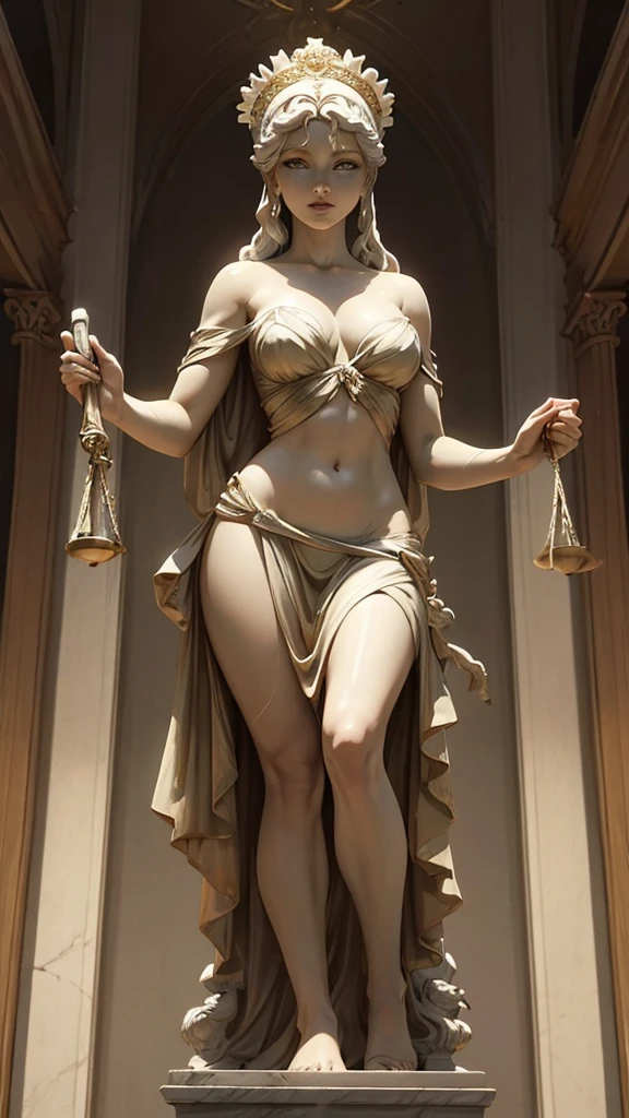 Full body portrait of Lady Justice but as seductive cyborg, slender body but athletic, long legs, ideal female body proportions lifelike synthetic skin with glossy peach-colored reflexions, intricate mechanical apparatus connecting to her temple, sexy modeling pose, she is blindfolded and holding a scale, inspired by the sister Repentia from warhammer 40k universe, in the style of H.R. Giger, 8k, UHD, studio lighting, rule of third composition