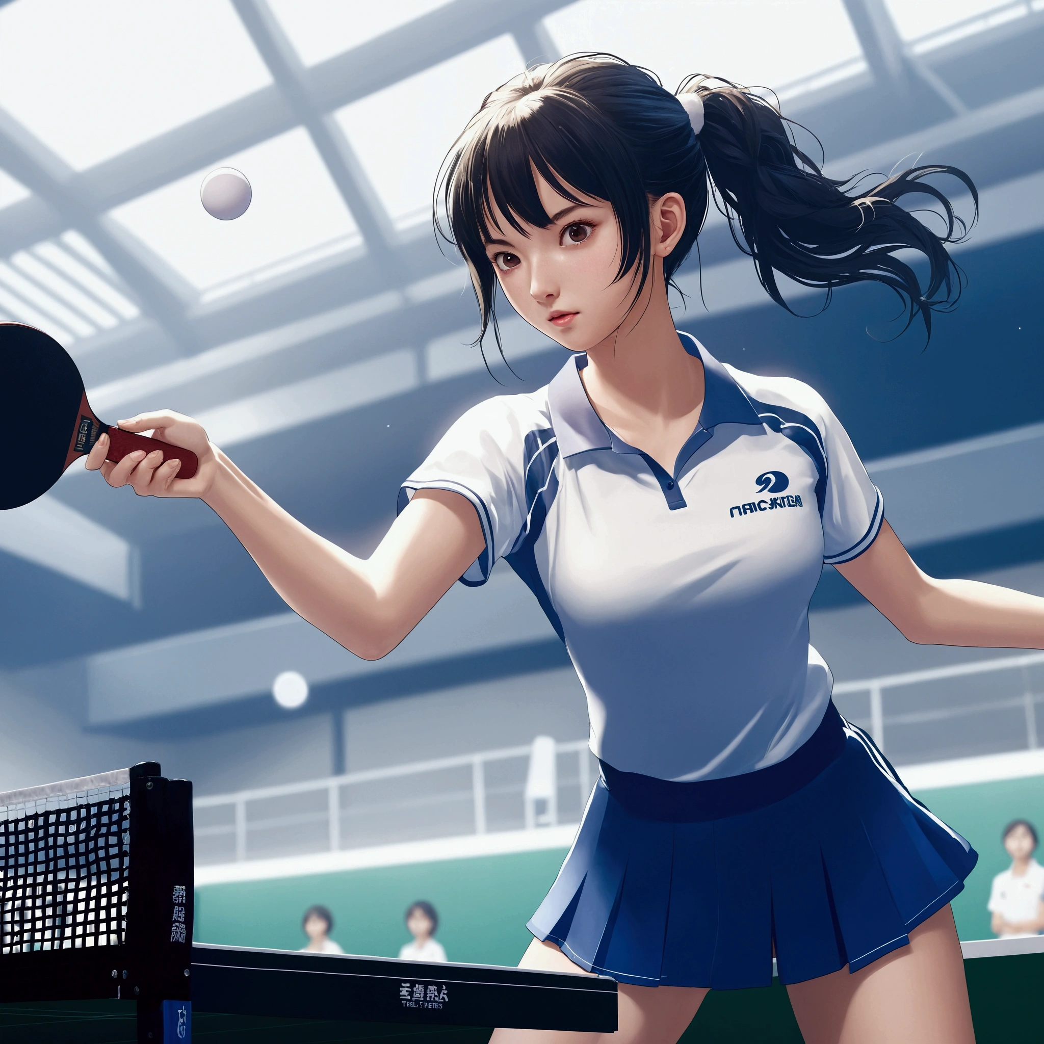 Female Table tennis player,Table tennis,Teenage Girl,At the Table tennis venue,Cinematic Light,詳細なbeautiful顔, cute face, have small heads, detail eyes, detailed hair, Big Breasts , Thin Waist,Nice legs, detailed realistic skin, wet skin ,sweat, TONE UP ,nice,beautiful