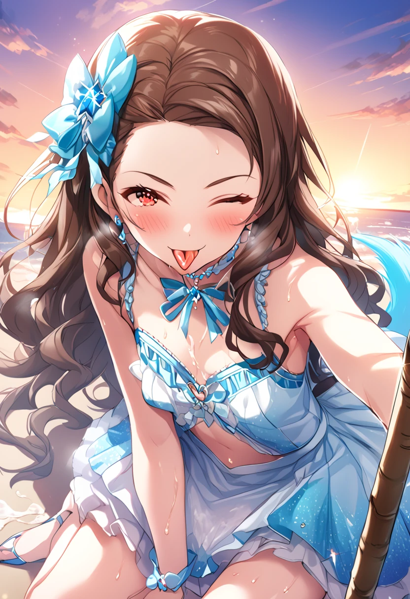 nsfw,uncensored,super fine illustration,8K CG wallpaper,best quality,extremely detailed,ultra high res,best aesthetic),(cowboy shot,from front), 1 girl, idol master,(nao kamiya),yo,(brown hair), (medium long hair),(forehead:1.1),((red eyes)),shiny hair, shining eyes, delicate line tail face, sitting, spread your legs, leaning forward, open your mouth, (glin),(smile:1.5),(one eye closed:1.5),((flat chest,midium breast)),(ahegao:1.5),((stick out tongue:1.3)),(blue idol dress:1.5),(open clothes:1.3), (glowing skin:1.3), (Sweat:1.4), (brown pubic hair:1.5), (brown armpit phair:1.5),open vagina:1.3),((steam)),(scatter sweat),(one eye closed), ((out tongue)),(Kamimei),(feel good),(ecstacy Face),(summer beach house,sunset),(one eye closed),(((carrying sex))),,((Cum on body:1.9)),((Cum on face:1.9)),((cum on hair:1.9)),((Cum in mouth:1.1)),((bouncing breasts),