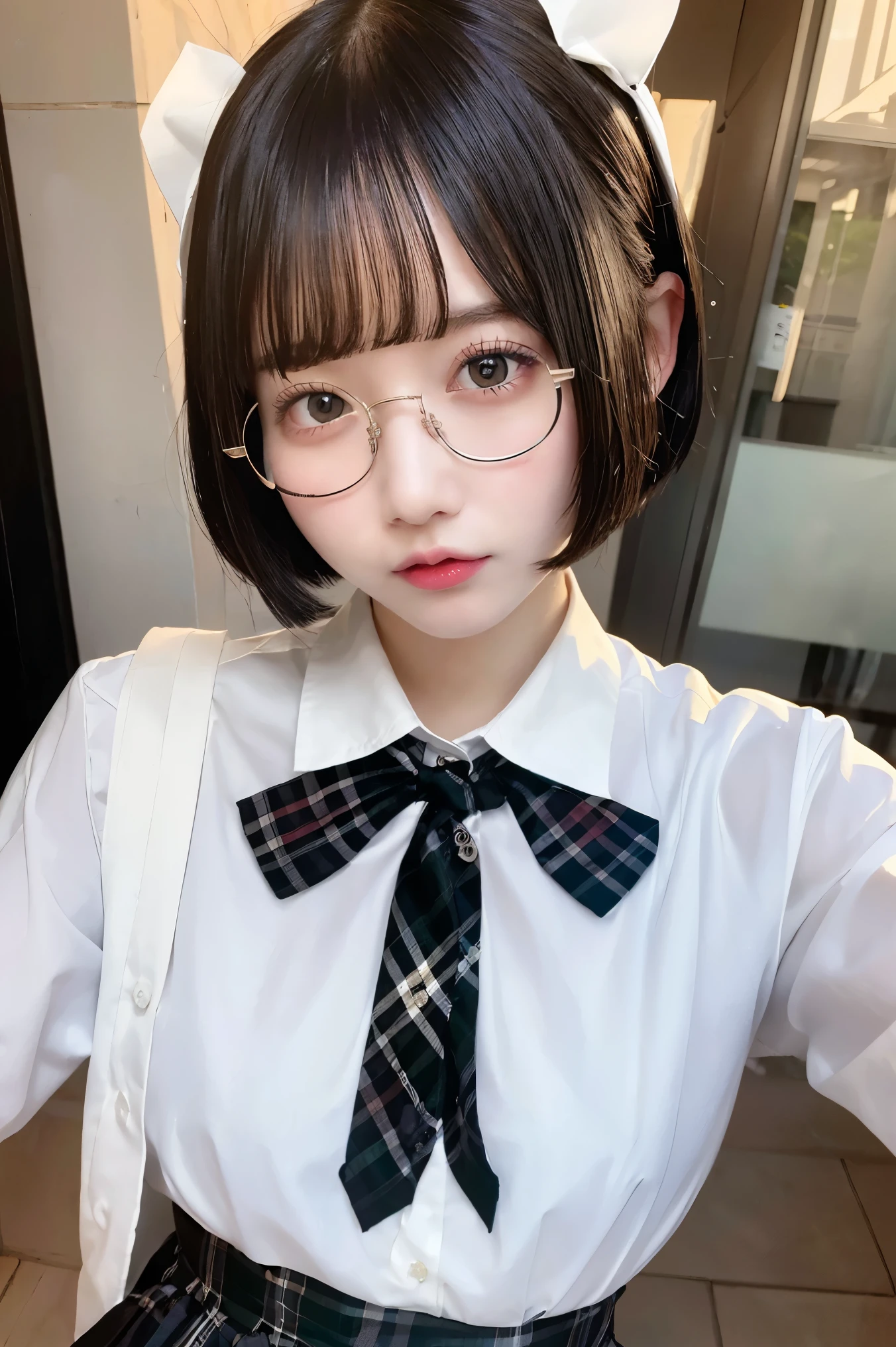 (nsfw:0.3),(   absurd:1.5),8k,(Detailed Photos:1.5),(Beautiful face and skin:1.3),( Ultra high definition description  :1.5),(Realistic:1.5), masterpiece,  professional photoshoot, blouse with bow and lace, Glasses,  Confused Expression 