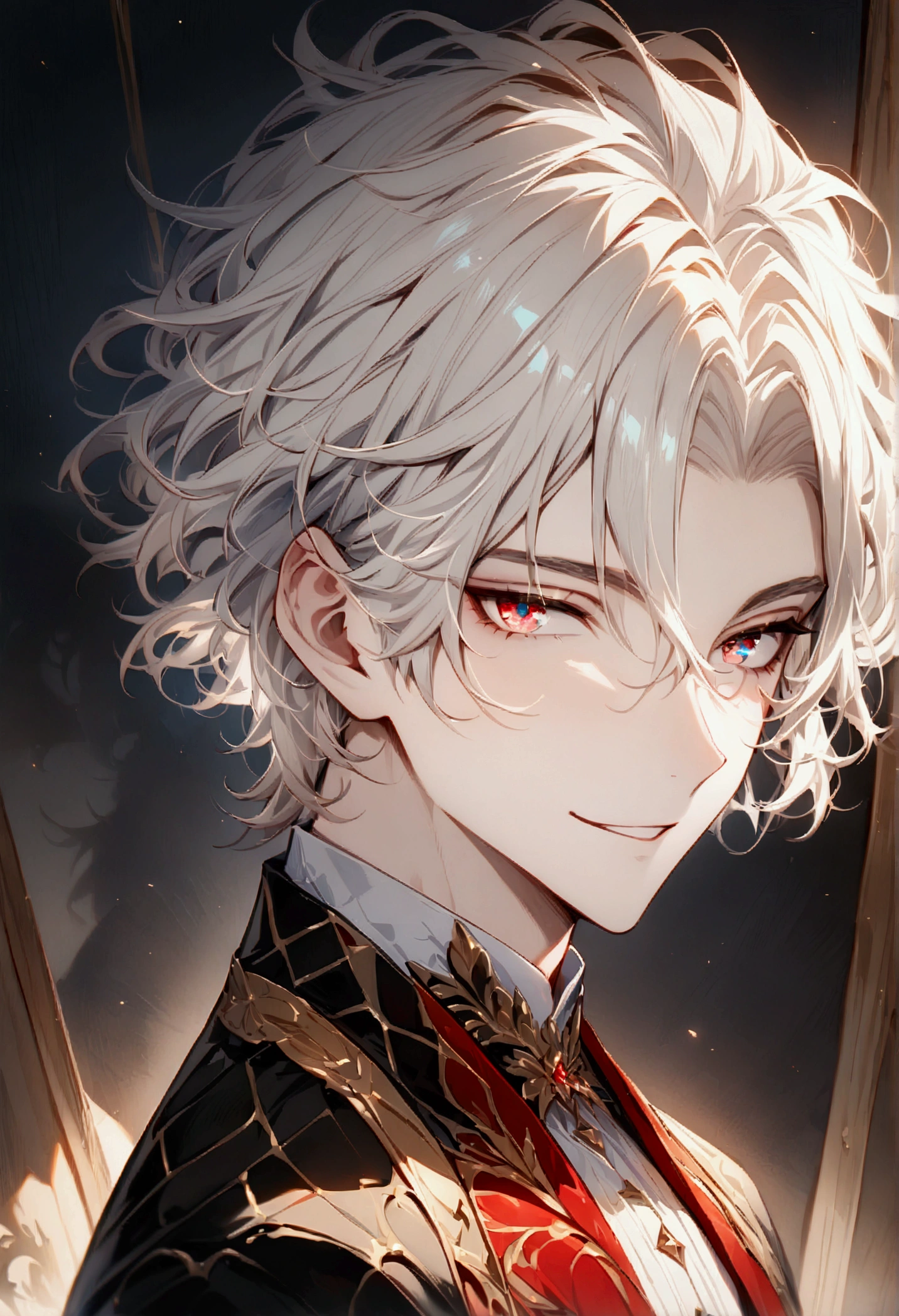 ((Best Quality)), (High Image Quality), ((Detailed Eye Description)), ((masterpiece)), ((Detailed:Face)), ((Handsome)), ((Detailed:eyes)), Solo,((perfect male body)), ((Detailed:Clothes)), ((Detailed:Hair)), (White Hair), ((Hairstyle:Shadow perm)), formal clothing, (Galactic like eyes), (Detailed hair flow), Mesmerizing eyes, ((Refined Eyes)), small grin, crimson crystal eyes, short Hair, Midnight scenery 