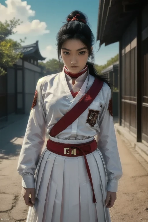  photo realistic. A Japanese schoolgirl with a ponytail, wearing a long-sleeved white shirt, red cloth around neck, decorated with intricately ornamented chest and shoulder armor. Holding a ninja weapon, posing ready for battle, morning sky, high realism, high detail, 4K, HDR, true proportions, ultra high definition, real person, facing the camera, ninja shoes.