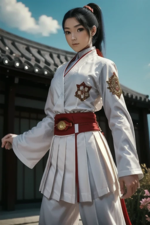  photo realistic. A Japanese schoolgirl with a ponytail, wearing a long-sleeved white shirt, red cloth around neck, decorated with intricately ornamented chest and shoulder armor. Holding a ninja weapon, posing ready for battle, morning sky, high realism, high detail, 4K, HDR, true proportions, ultra high definition, real person, facing the camera, ninja shoes.