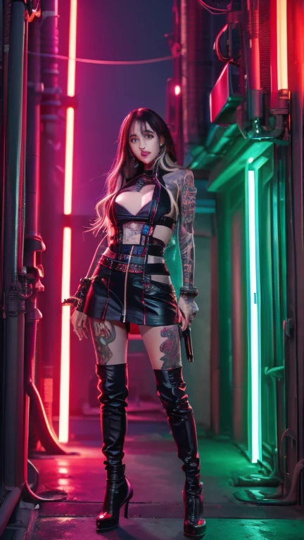 Tattoo Girl, so beautiful, Murderous, good looking, betrayal, anger, Dark Background, 8k, Dynamic Wallpapers, Very delicate, Very dark full body shot、Black rider jacket 1.5、Leather tight mini skirt 1.5