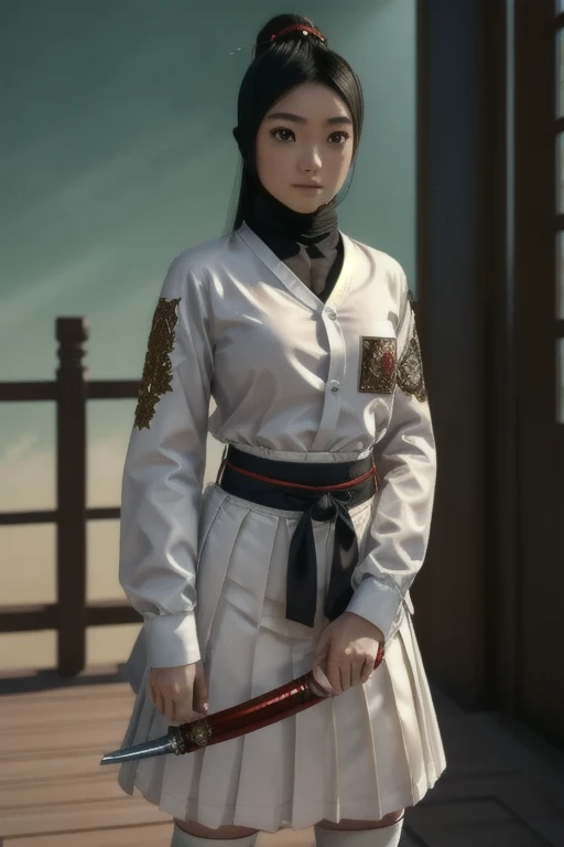  photo realistic. A Japanese schoolgirl with a ponytail, wearing a long-sleeved white shirt, black hijab, red cloth around neck, decorated with intricately ornamented chest and shoulder armor. Holding a ninja weapon, posing ready for battle, morning sky, high realism, high detail, 4K, HDR, true proportions, ultra high definition, real person, facing the camera, ninja shoes.