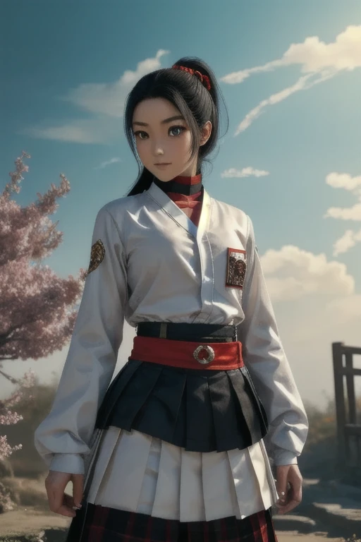  photo realistic. A Japanese schoolgirl with a ponytail, wearing a long-sleeved white shirt, black hijab, red cloth around neck, decorated with intricately ornamented chest and shoulder armor. Holding a ninja weapon, posing ready for battle, morning sky, high realism, high detail, 4K, HDR, true proportions, ultra high definition, real person, facing the camera, ninja shoes.