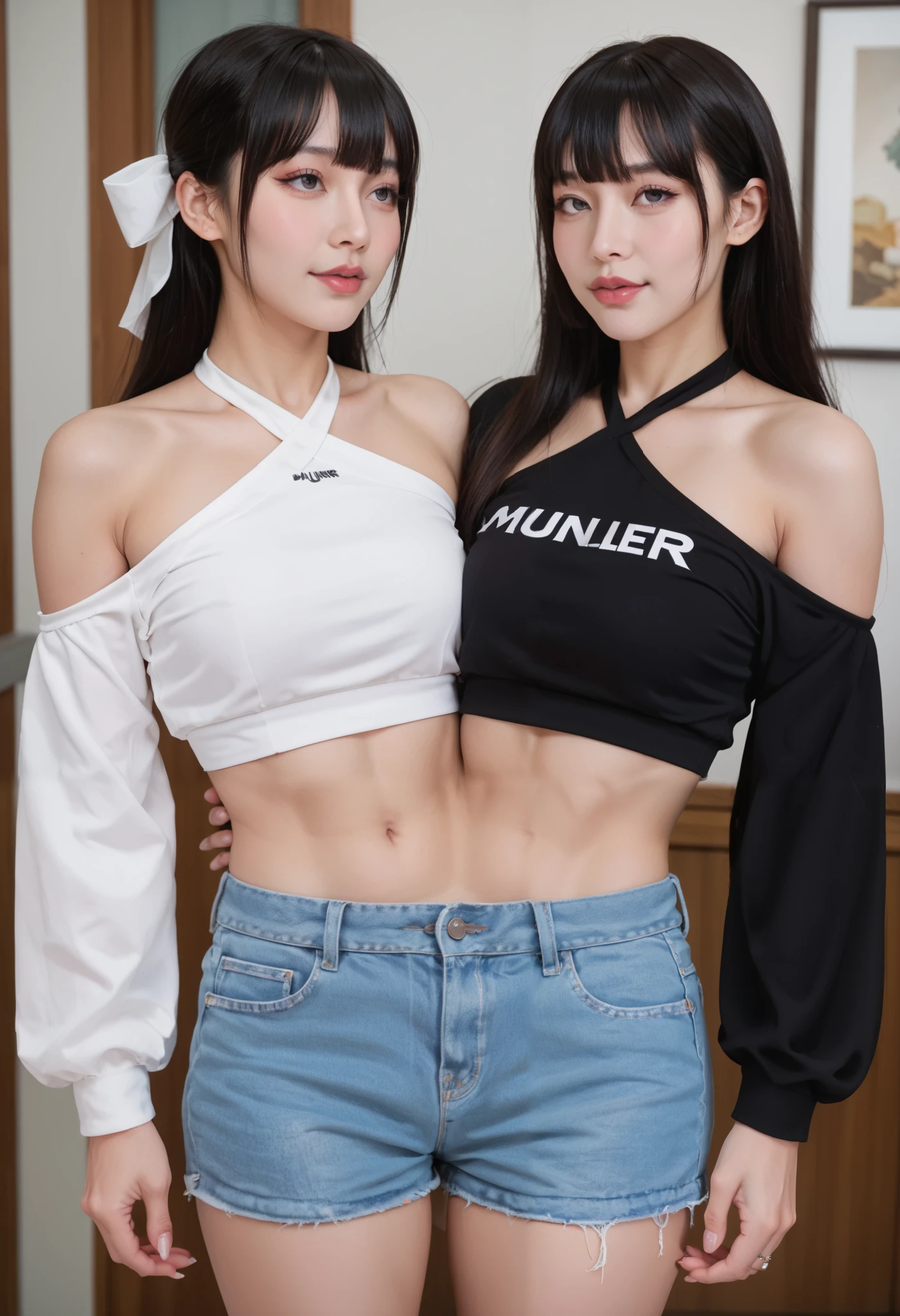 best resolution, 2 heads, woman with two heads, conjoined,tall, black hair curtain bangs with doulder length hair, mm, flirty expression, off-white halter top, long sleeves, off shoulder, shorts, midriff, crop top, midriff, at a bowling alley, indoors