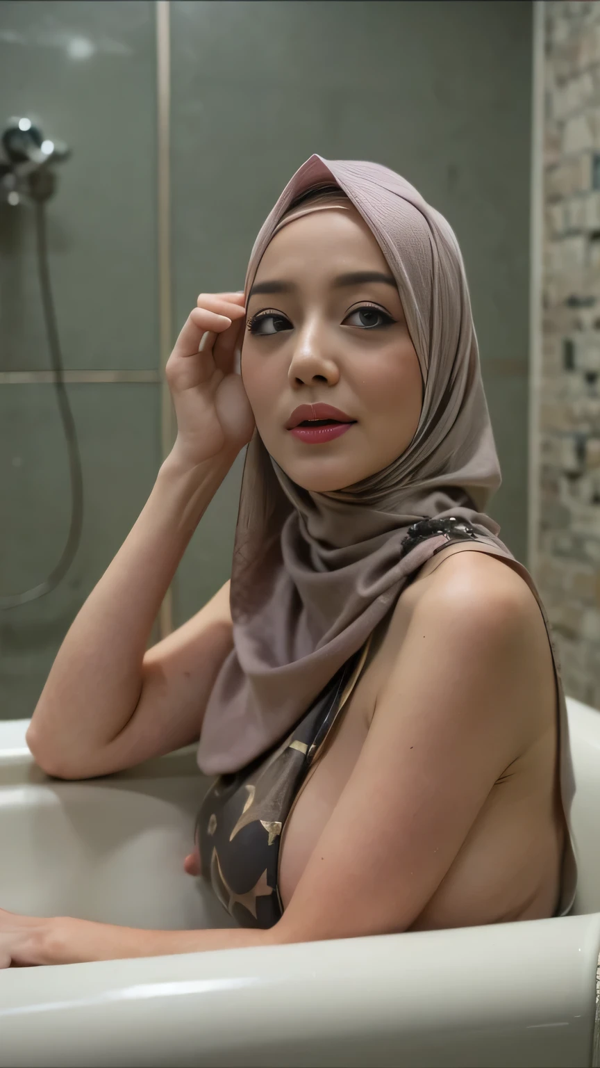 1 2 malaysia girl, wlop, breasts, hijab, green color hijab, high resolution, nier (series), nier automata, peach lips, shadow face, hijab, solo, whole body, sauna room with window, standing, naked and nude body, wet body, seductive smile, look on camera, pubic hair, nsfw, cloth on floor, horny face, glossy lips, naughty face trait, dense pussy hair, pubic hair, wear necklace, women watch, love finger gesture