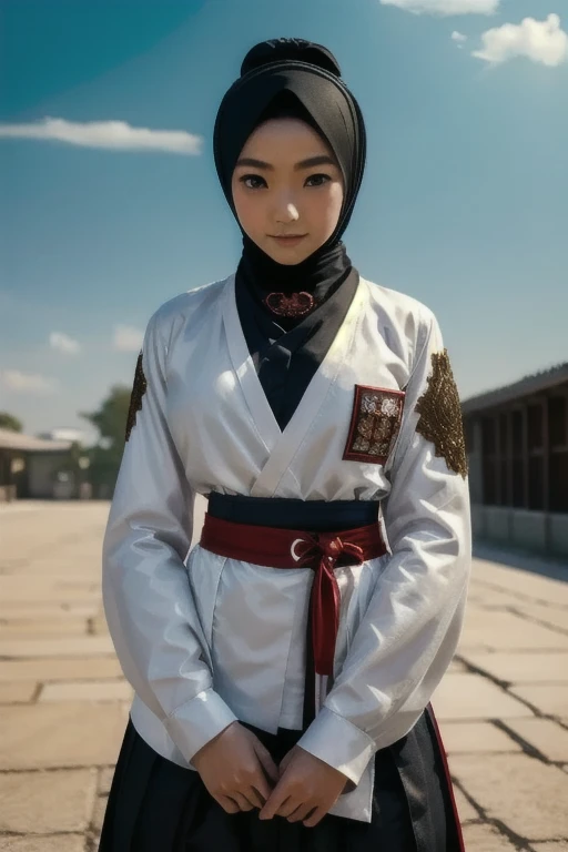  photo realistic. A Japanese schoolgirl , wearing a long-sleeved white shirt, white collar shirt, black hijab, red cloth around neck, decorated with intricately ornamented chest and shoulder armor. Holding a ninja weapon, posing ready for battle, morning sky, high realism, high detail, 4K, HDR, true proportions, ultra high definition, real person, facing the camera, ninja shoes.