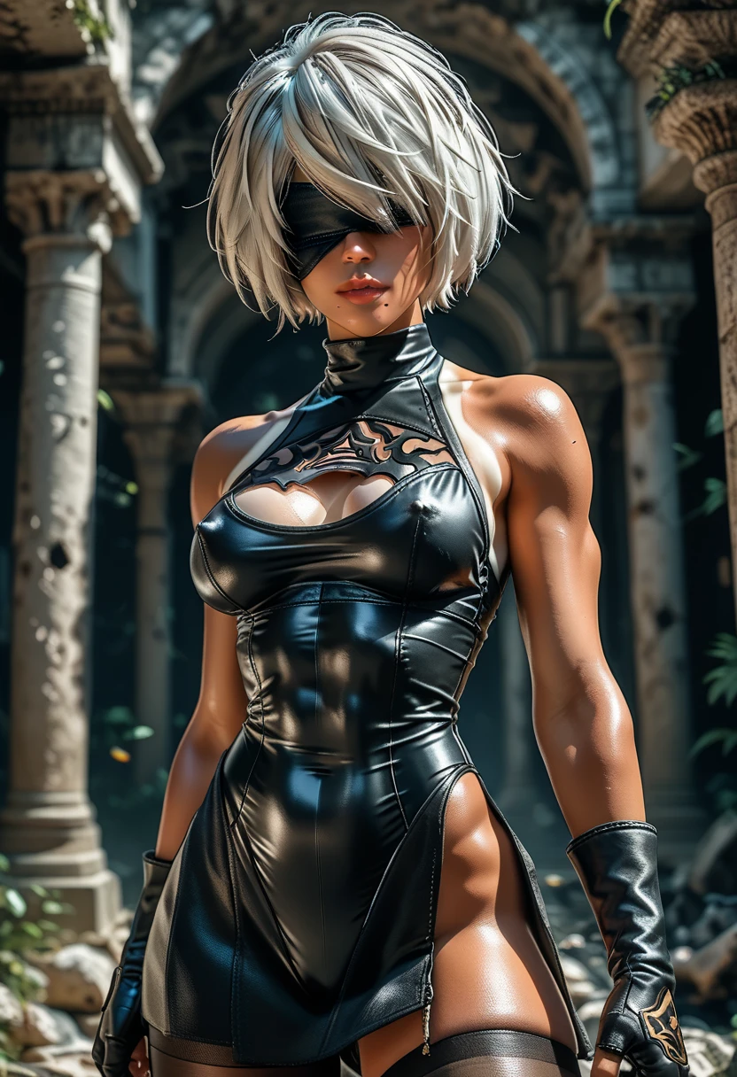 1woman, ((2B)),(Nier Automata 2B), white hair, blindfold over eyes, (ultra-detailed face), accurate face, ((black) tomboy style skirt:1.24), (open-sided leotard:1.39), (high side slits in skirt), sleeveless, black over-elbow gloves, opaque pantyhose, {{black overknee stiletto boots}}, (skindentation), ((crisp tan lines outside of clothing edges)), erect nipples, ((well defined shoulders)), contrapposto stance, (fighting poses:1.37), (giant katanas hover around her:1.34), wide angle, outdoor sandy dunes backdrop, ancient skyscraper ruins in background