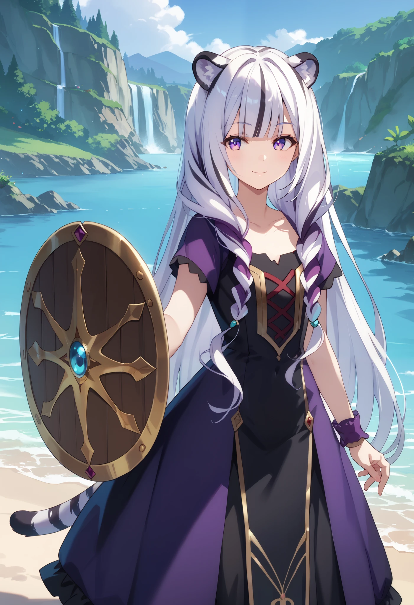 ((masterpiece)), 1girl, solo, very long hair, white hair, multicolored hair, white tiger ears, white tiger tail, open eyes purple eyes, looking at viewer, kind smile, night scenery, extends hand to the viewer, Shield on wrist, Shield on right wrist, motherly smile, standing, purple dress, black dress, multicolored dress, armored dress.