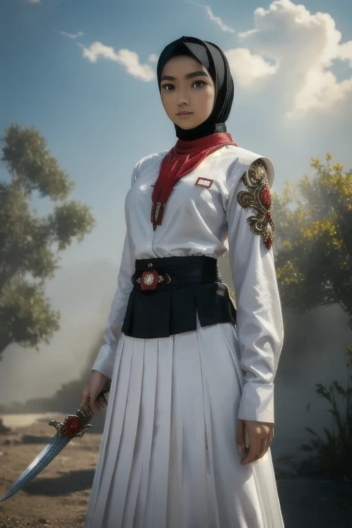  photo realistic. indonesian schoolgirl , wearing a long-sleeved white shirt, white collar shirt, black hijab, red cloth around neck, decorated with intricately ornamented chest and shoulder armor. Holding a ninja weapon, posing ready for battle, morning sky, high realism, high detail, 4K, HDR, true proportions, ultra high definition, real person, facing the camera, ninja shoes.