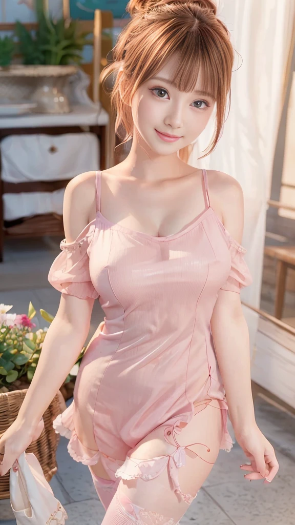 ((knee shot)), Shot from a random perspective, 22-year-old Asian model, slim, Slimming the waist, curlies, JK clothing, Pink shirt, White pleated skirt, cropped shoulders, warm lights, Warm tones Slender legs, Cross ed leg, inside in room, Lie down in bed, blonde hair, streaked hair, hair ornament, heart-shaped pupils, makeup, light smile, shy, licking lips, Romanticism, Social realism, chiaroscuro, motion blur, anaglyph, Sony FE GM, UHD, masterpiece, textured skin, super detail, best quality