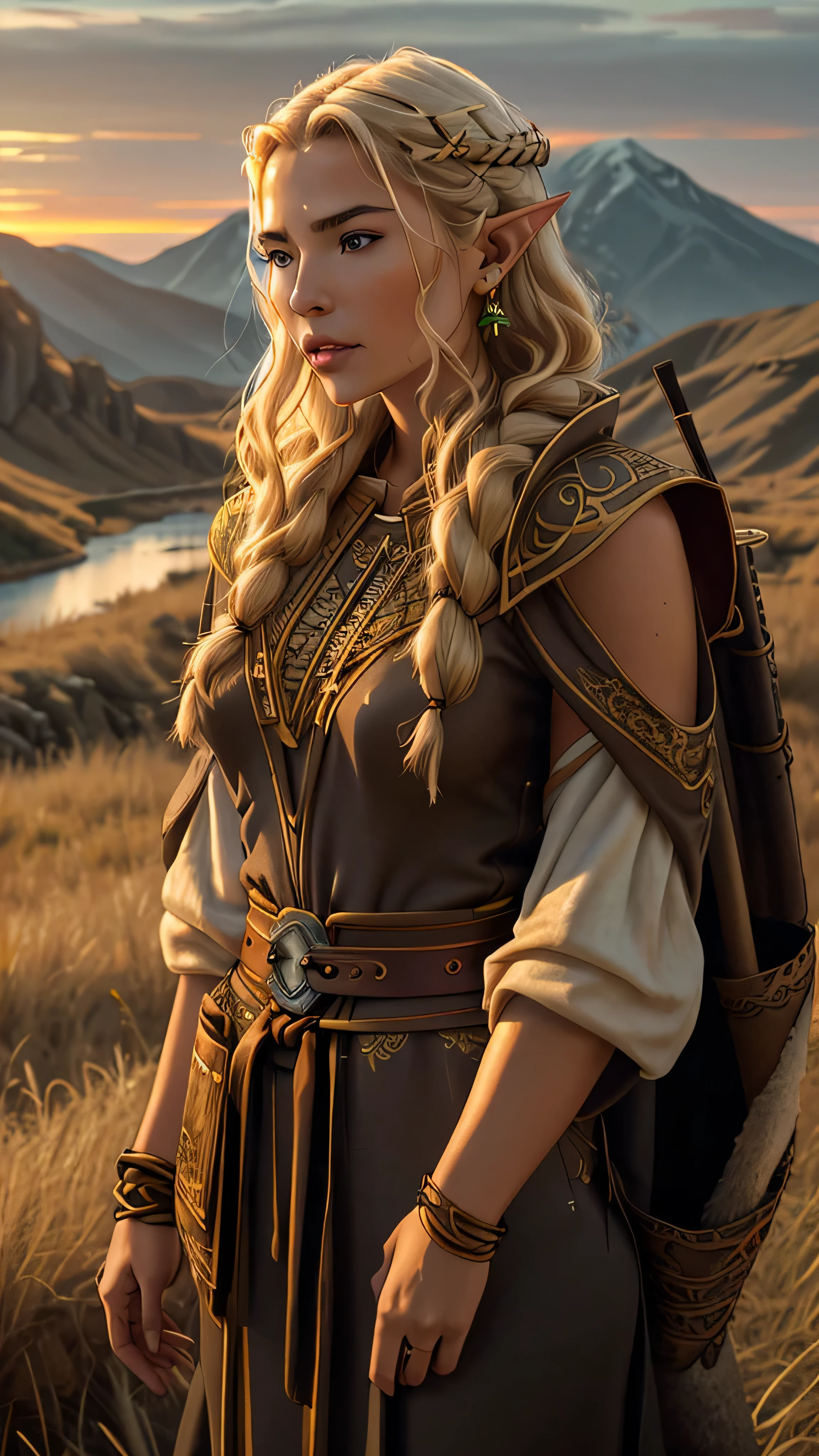 elf, Asian, female, nomad, pointed ears, almond-shaped eyes, long unkempt gold hair, sharp piercing blue eyes, small minimalist earrings, traditional nomadic attire, long flowing robe, intricate geometric embroidery, sturdy leather boots, fur-lined cloak draped over shoulders, carries curved bow slung, quiver of arrows, small satchel filled with travel essentials, calm posture, wandering, vast windswept steppe, golden sunset, endless grasslands, scattered yurts, distant mountain range, gentle breeze, serene timeless atmosphere, (insanely detailed, beautiful detailed face, masterpiece, best quality), cinematic lighting, solo, (full body view), front view, looking at viewer, intricate, high detail, sharp focus, dramatic, photorealistic painting art by greg rutkowski