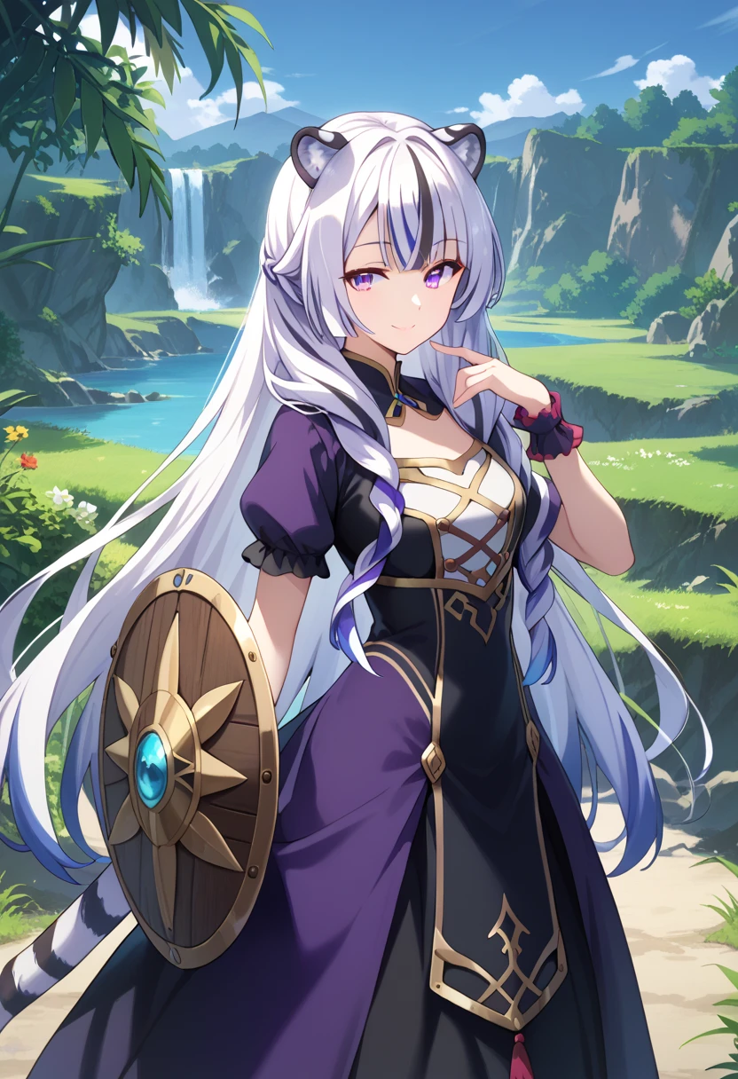 ((masterpiece)), 1girl, solo, very long hair, white hair, multicolored hair, white tiger ears, white tiger tail, open eyes purple eyes, looking at viewer, kind smile, night scenery, extends hand to the viewer, Shield on wrist, Shield on right wrist, motherly smile, standing, purple dress, black dress, multicolored dress, armored dress, half-lidded eyes.