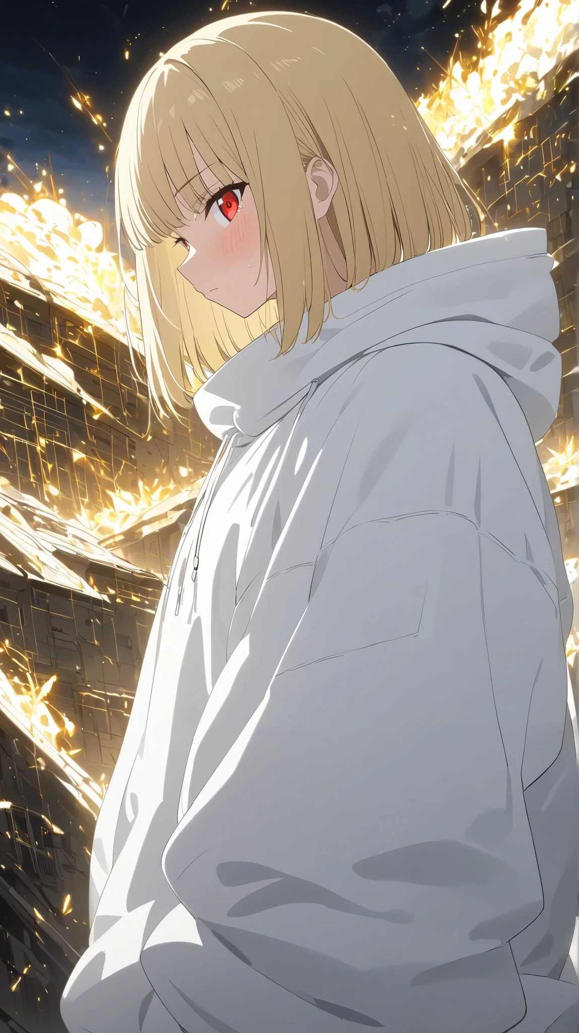 Anime girl with blonde hair and red eyes standing in front of a wall ...