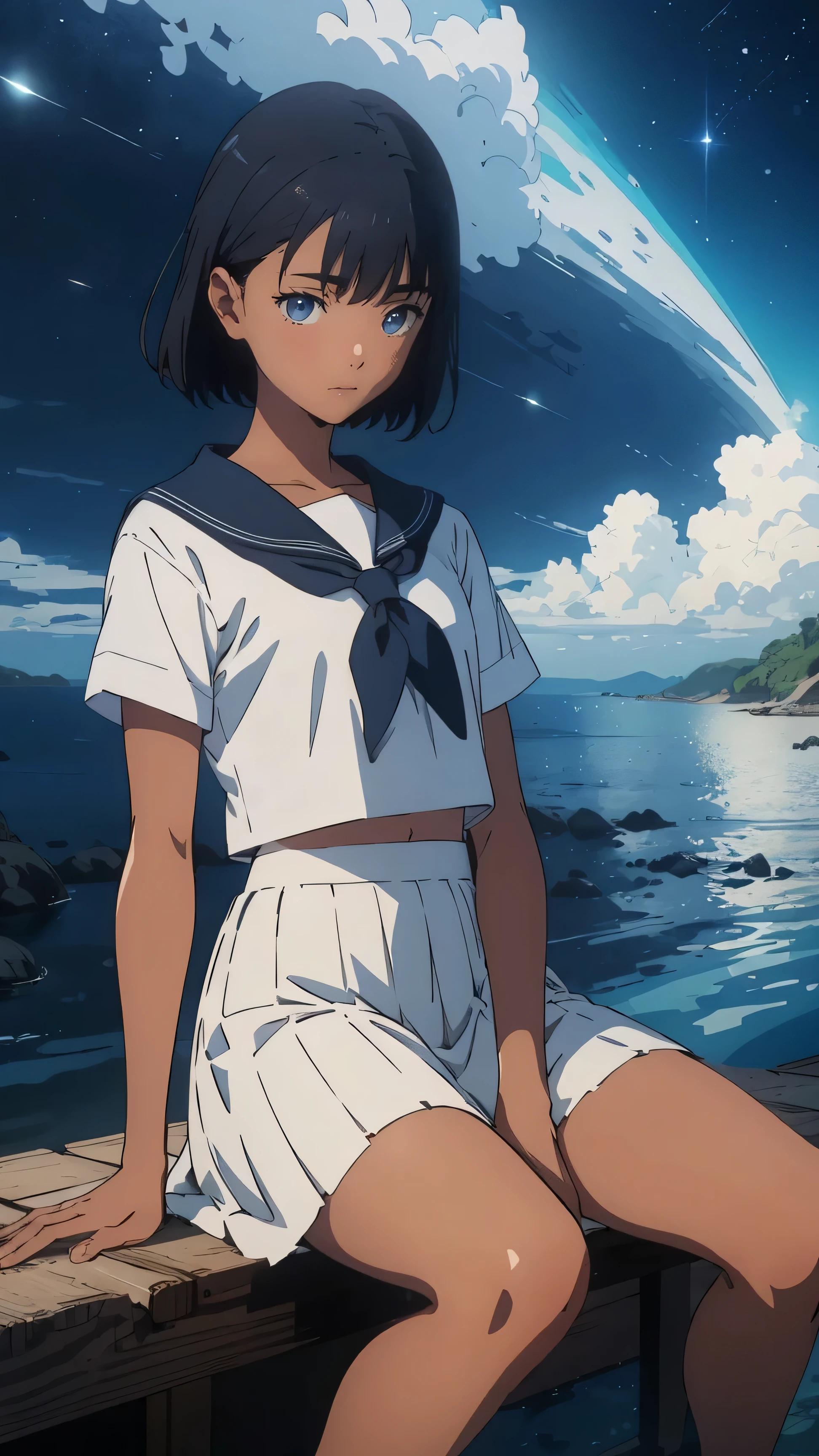 {{Kofune Mio}}, {summertime render}, Shining sky blue eyes, Black short hair, calm expression,A faint blush, medium chest , Dark Skin, DARK SKIN WOMAN , white uniform, Short sleeve, black neckerchief , WHITE SAILOR COLOR BLACK PLEATED SKIRT, 1 girl, Alone,very aesthetic, top quality, Great Quality , ,Curation, Illustration, high definition, anime coloring,Night sea background BREAK Blue hour, (Rim Light):1.2, Warm tones, Solar flare, Soft Shadows, vibrant colors, PAINTER EFFECT , DREAMY ATMOSPHERE BREAK BEAUTIFUL OCEAN , Calm water, reflection, Moonlit clouds, Peaceful atmosphere, Beautiful Starry Sky, super detailed, official art, unity 8k , [ "Intertwined, Mandala,(nsfw:1.3)
